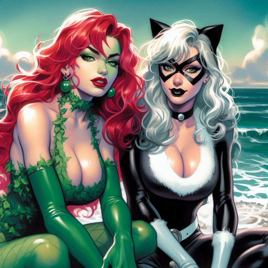 2girls ai_generated beach big_breasts black_cat_(marvel) breasts choker cleavage collar felicia_hardy large_breasts marvel pamela_isley poison_ivy red_hair sitting white_hair