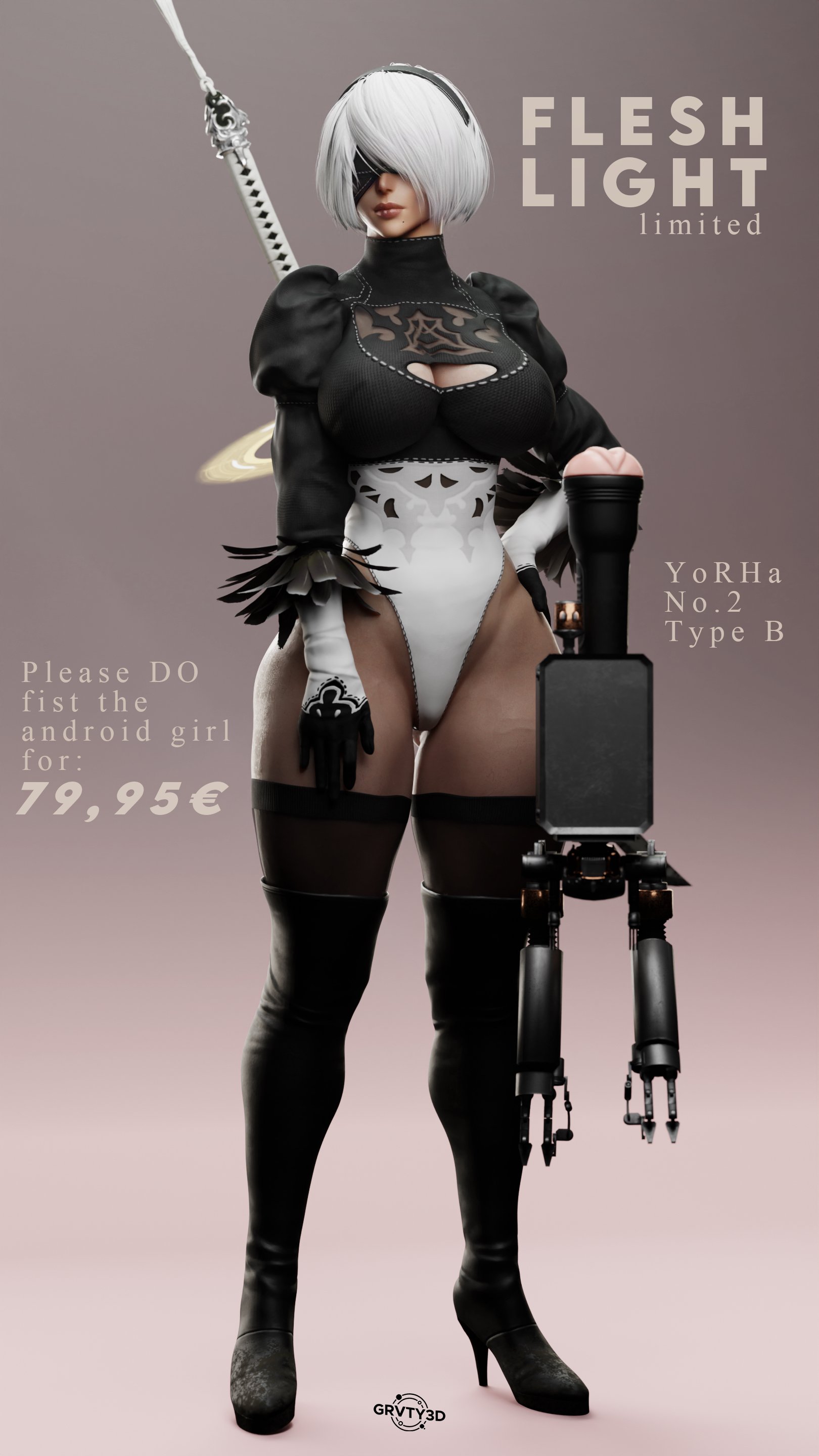 1girls, 3d, 3d (artwork), android, artist logo, big breasts, blender, blender (software), blindfold, boots, breasts, cleavage, clothed, clothed male nude female, eyes covered, female, female only, fleshlight, grvty3d, hairband, heavenly ass, high heel boots, high heels, highleg leotard, juliet sleeves, large breasts, leotard, light skin, light-skinned female, looking at viewer, nier (series), nier: automata, non-nude, pod (nier), robot, robot girl, robot humanoid, sex toy, shiny, shiny skin, short hair, simple background, solo, solo female, stockings, sword, thick thighs, thigh boots, weapon, white hair, yorha 2b