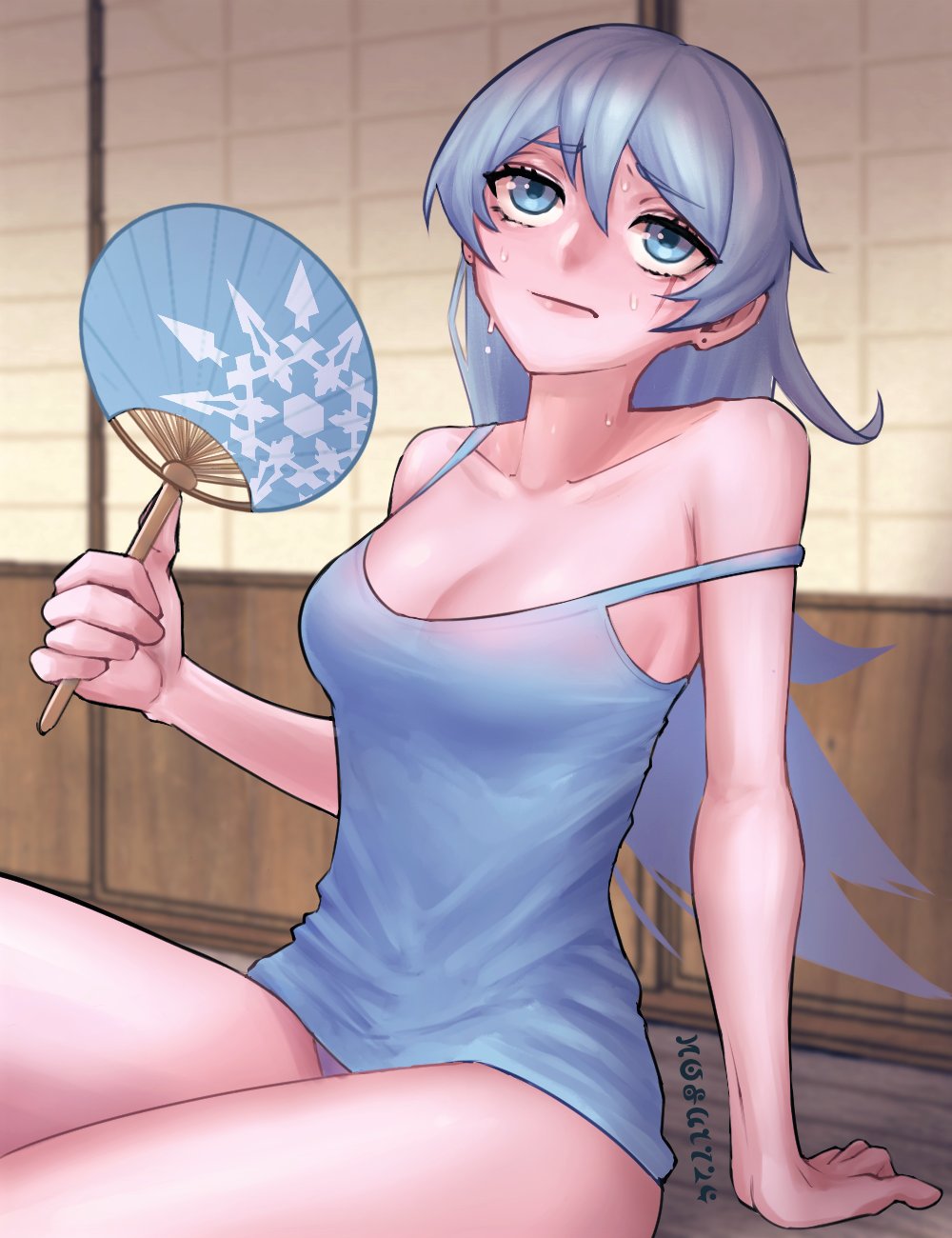 blue_eyes fan hot_weather mofu1724 rwby sweating weiss_schnee white_hair