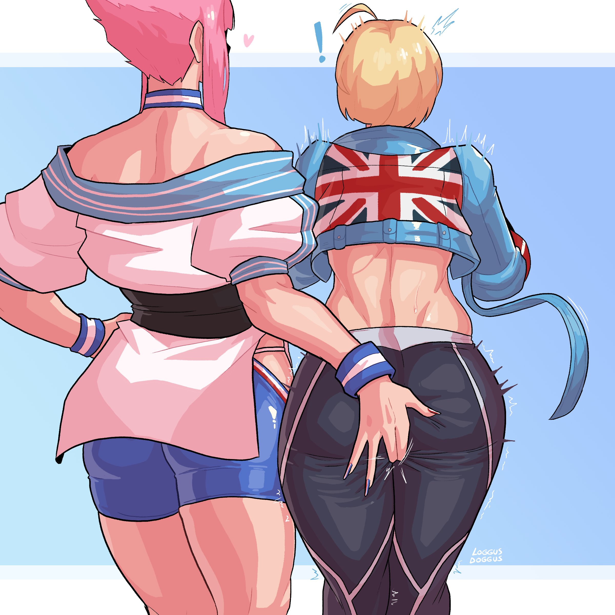 !, 2girls, ass, blonde hair, cammy white, capcom, female, female only, fingering, fingering through clothes, groping, heart, hi res, loggus doggus, manon legrand, molestation, pink hair, rear view, sexual harassment, street fighter, street fighter 6, yuri