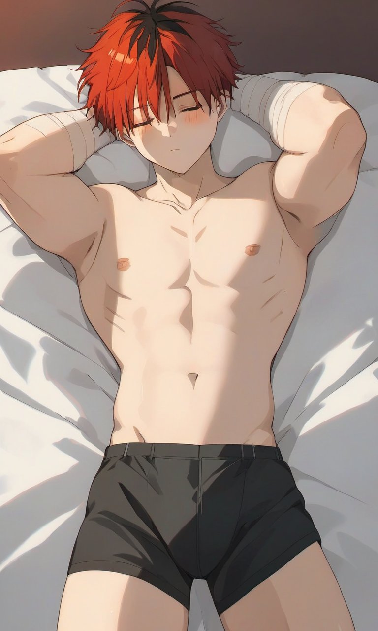 abs, ai generated, bed, black underwear, blush, male, male focus, male only, nipples, pecs, red hair, sleeping, solo, solo focus, solo male, sousou no frieren, stark (sousou no frieren), underwear, underwear only