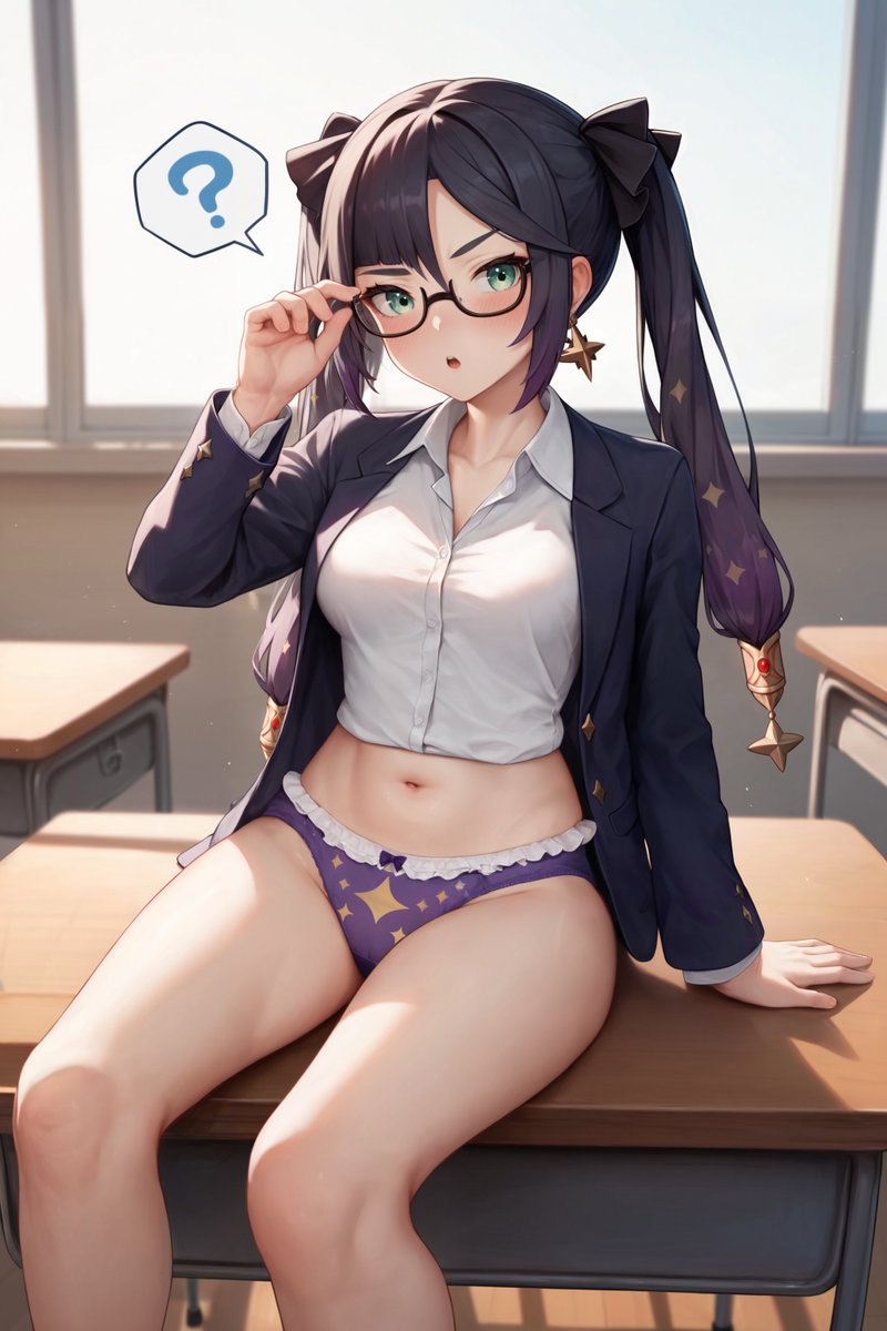 1girls :o ? adjusting_eyewear ai_generated aimoonshine alternate_costume black_hair black_jacket blazer blush bow_panties chestnut_mouth classroom collared_shirt cowboy_shot earrings frilled_panties genshin_impact glasses green_eyes indoors long_hair long_sleeves looking_at_viewer medium_breasts mona_(genshin_impact) on_desk print_panties purple_panties school_uniform sitting speech_bubble spoken_question_mark star_print twintails white_shirt window