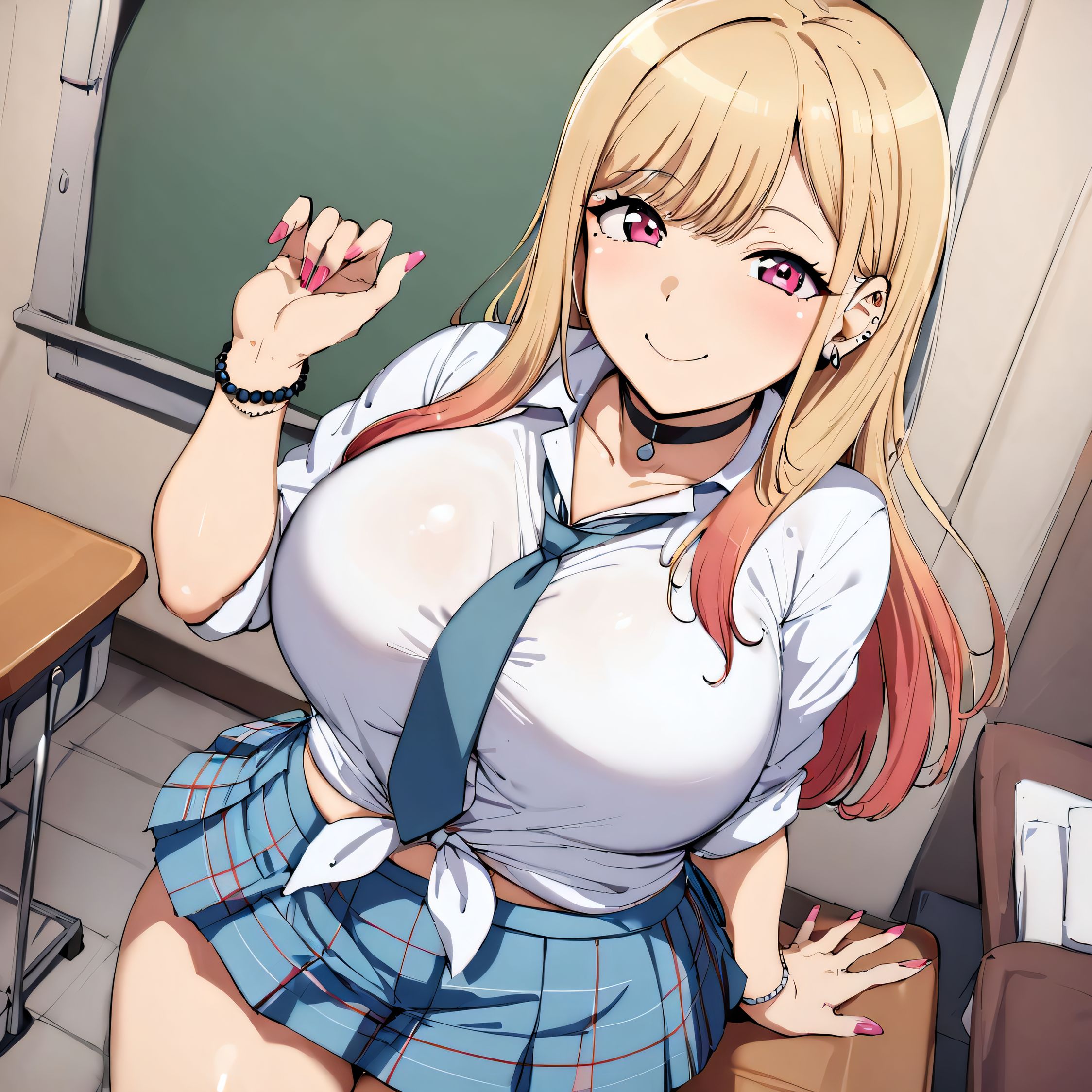 1girls, ai generated, alternate breast size, big breasts, breasts, busty, curvaceous, curvy, curvy body, curvy female, curvy figure, female, huge breasts, kitagawa marin, large breasts, nipples, school uniform, skirt, solo, sono bisque doll wa koi wo suru, sweat, sweating, sweaty, sweaty body, sweaty breasts, thick thighs, thighs, voluptuous