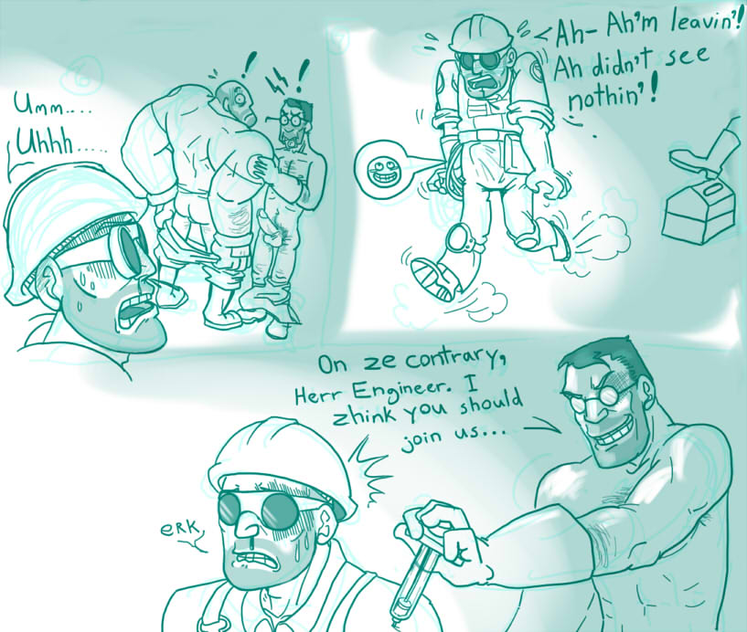 2d 3boys embarrassed engineer engineer_(team_fortress_2) erection erection_under_clothes glasses gloves goggles hard_hat heavy_(team_fortress_2) heavy_weapons_guy human human_male human_only imminent_sex injection knee_pads male male_only medic medic_(team_fortress_2) overalls pants_down pants_pulled_down running_away shirt_removed syringe team_fortress_2 tool_box yaddie yaoi