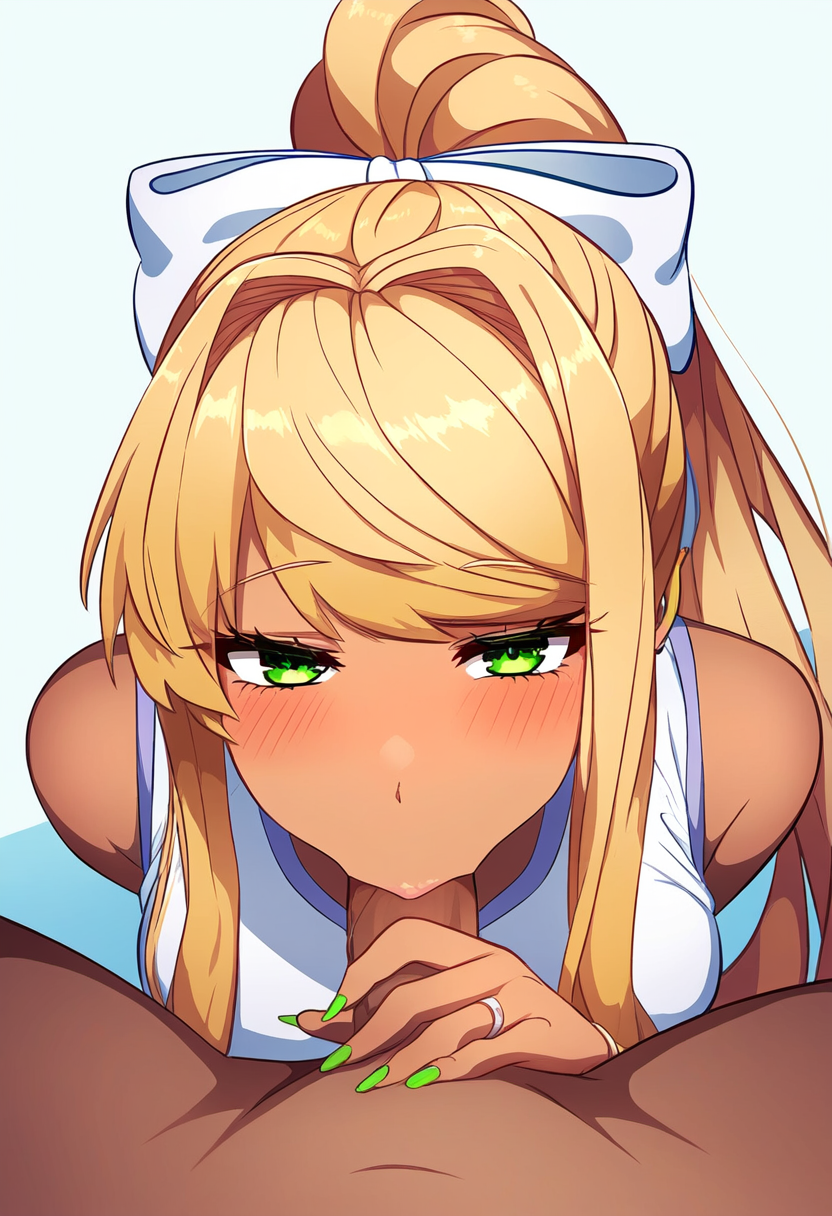 :>=, ai generated, blonde hair, blowjob, blowjob face, crop top, doki doki literature club, fellatio, female, gal, green eyes, green nails, gyaru, hair ribbon, hand on penis, male, monika (doki doki literature club), nai diffusion, nail polish, penis, ponytail, pov, tan body, tan skin