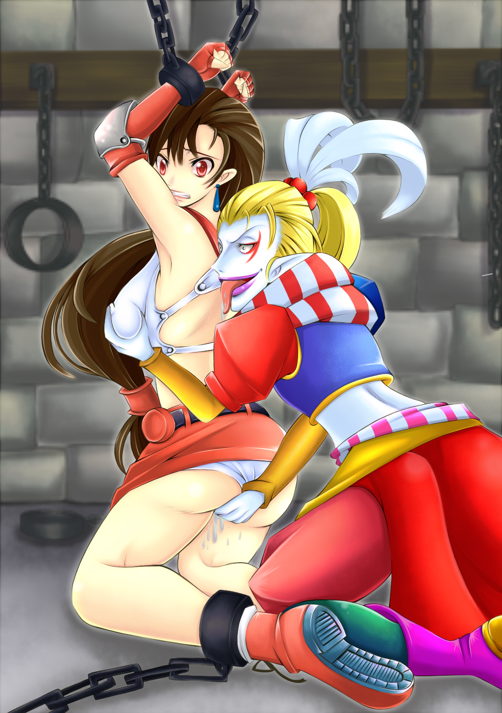 arms_above_head arms_up ass blonde_hair bondage bound_ankles bound_wrists breast_grab brown_hair dissidia drool earrings erect_nipples female femsub final_fantasy final_fantasy_vi final_fantasy_vii fingering footwear hair human kefka_palazzo long_hair male maledom panties pussy_juice red_eyes shoes skirt_lift smooth_skin straight tifa_lockhart tongue tongue_out