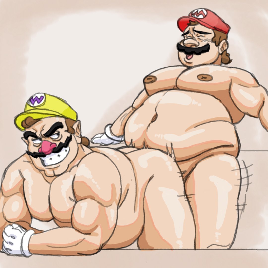 anal anal_sex balls bent_over closed_eyes daichi_akimichi facial_hair fat fat_man gay hat male male_only mario mario_(series) moobs moustache nintendo nude obese obese_male overweight overweight_male penis sex super_mario_bros. wario