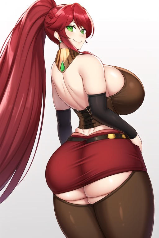 1girls ai_generated armwear back_view big_ass big_breasts big_butt black_legwear earrings eyes female female_focus female_only green_eyes hair_tied huge_ass huge_breasts large_breasts light-skinned_female light_skin looking_at_viewer looking_back pantyhose pyrrha_nikos red_hair rwby smile smiling standing thick thick_ass thick_thighs transformationwitch voluptuous voluptuous_female wide_hips