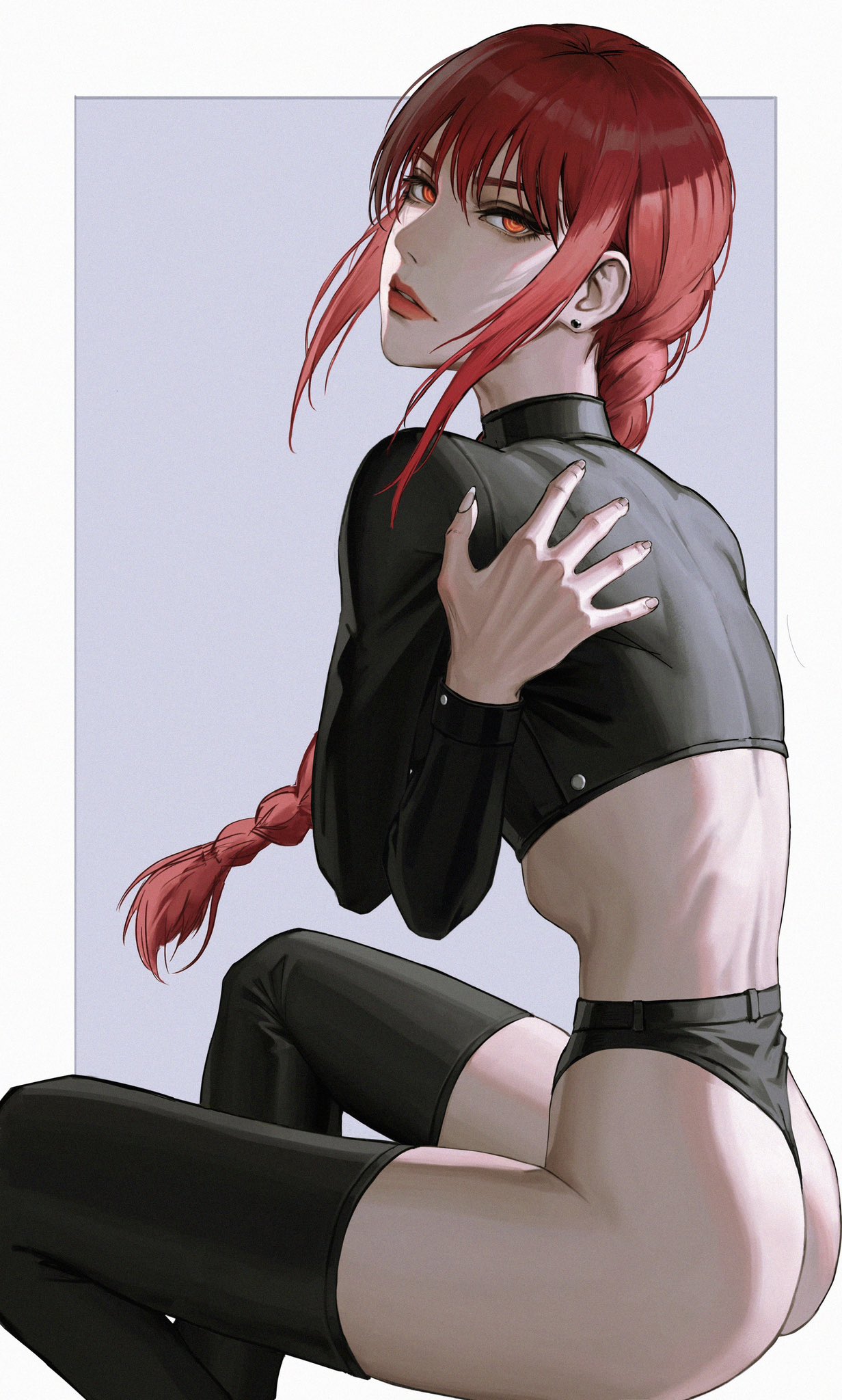 1girls, artist request, ass, big ass, big butt, braid, braided hair, braided ponytail, chainsaw man, female, female only, large ass, large butt, light skin, light-skinned female, makima (chainsaw man), pale skin, pale-skinned female, red hair, revealing clothes, spiral eyes, tagme (artist), thigh highs, thighhighs, thighs