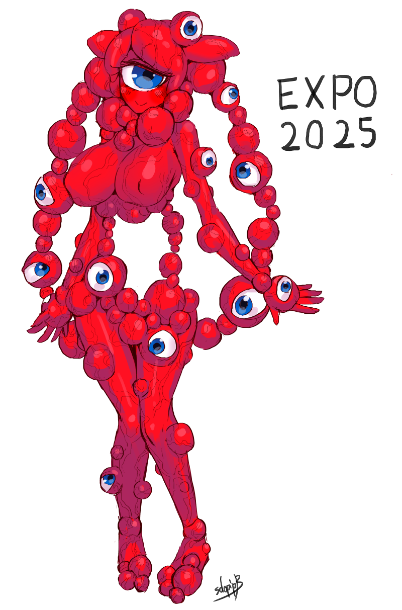 1girls bad_id big_breasts blue_eyes body_horror cyclops eldritch eldritch_abomination eldritch_horror expo2025 expo_mascot female female_only full_body gijinka inochi-no-kagayaki looking_at_viewer mascot monster_girl multi_eye nipple_bulge red_body smile solo solopipb standing veins veiny