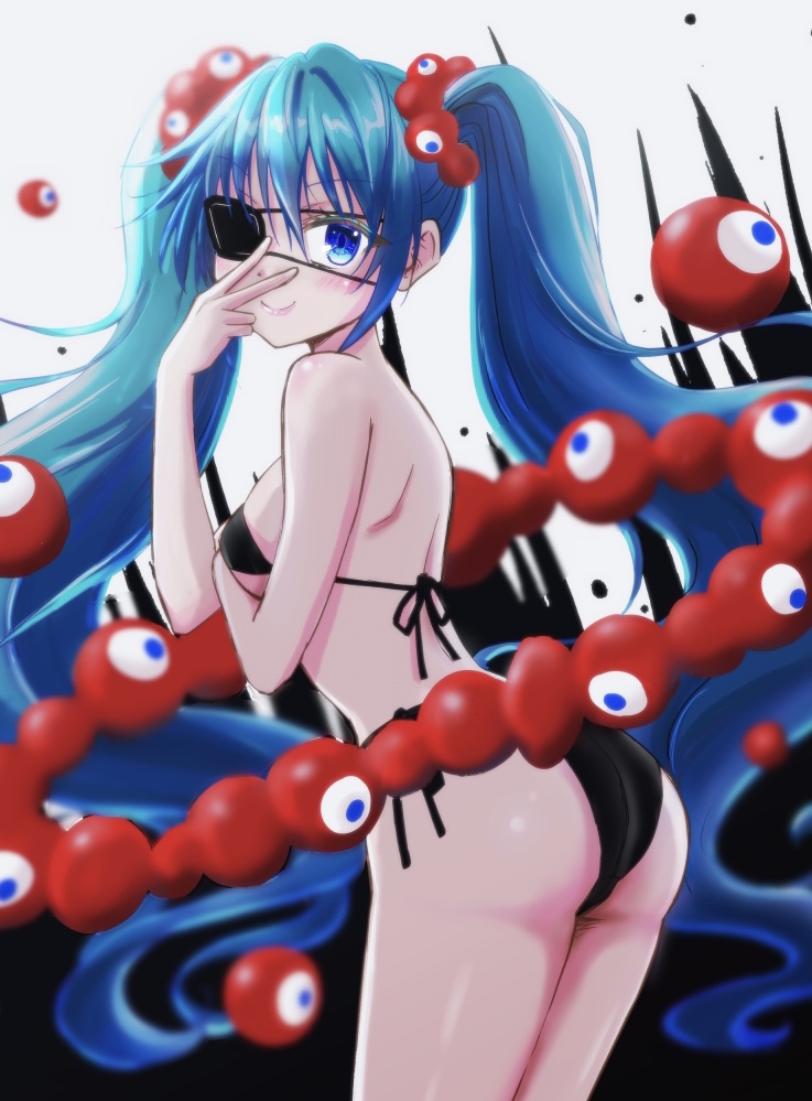 1girls bikini black_bikini blue_eyes blue_hair expo2025 expo_mascot eye_patch female female_only hatsune_miku kimura_pikoriino long_hair looking_at_viewer looking_back mascot myaku-myaku side-tie_bikini sideboob smile solo twintails v very_long_hair vocaloid