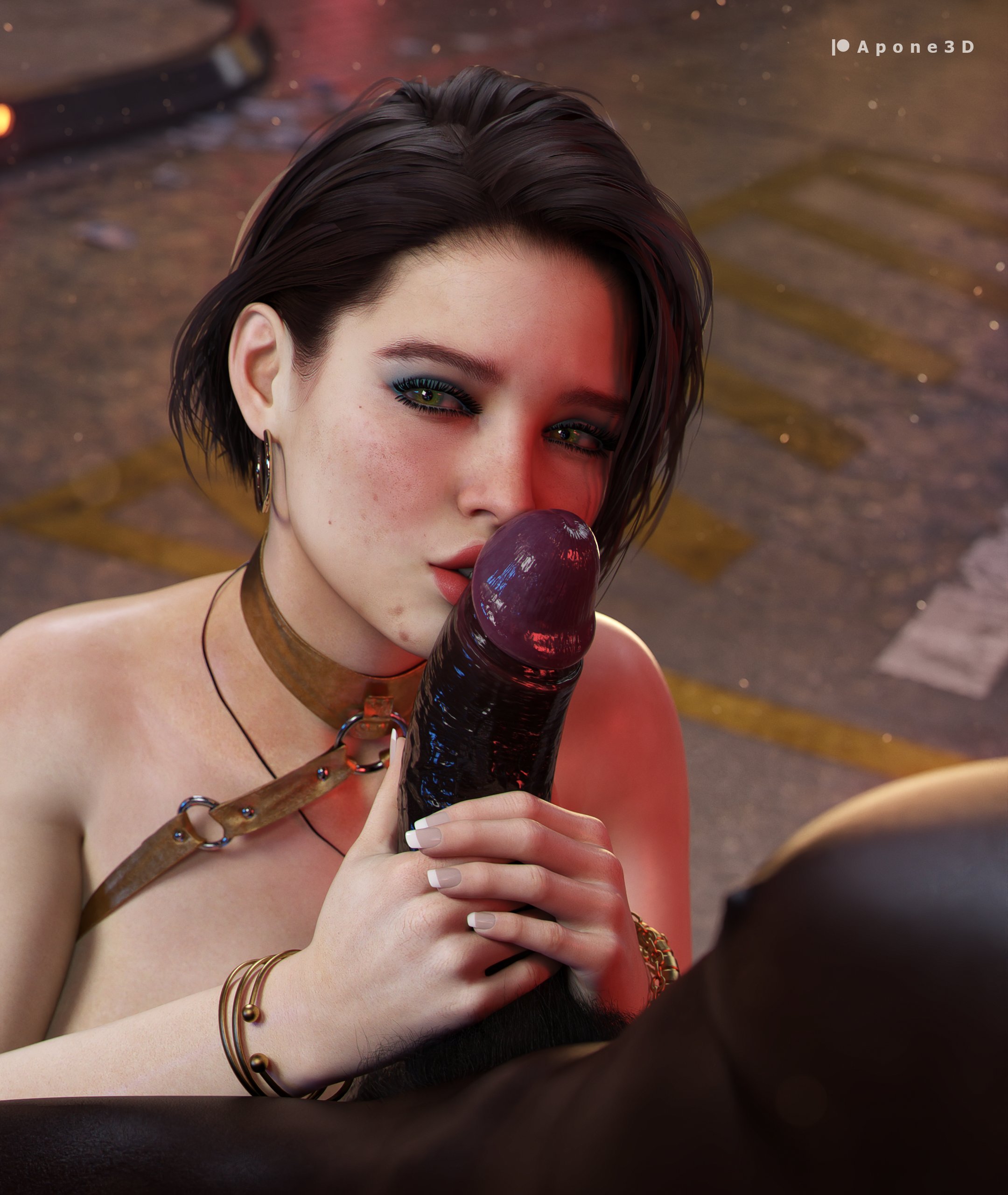 1boy, 1girls, 3d, apone3d, big breasts, big penis, breasts, brown hair, cleavage, cock, dark skin, dark-skinned male, erect penis, fellatio, female, french nails, french tip, interracial, jill valentine, jill valentine (sasha zotova), kissing penis, large breasts, lingerie, looking at viewer, male, panties, partial male, penis, resident evil, resident evil 3, resident evil 3 remake, short hair, underwear