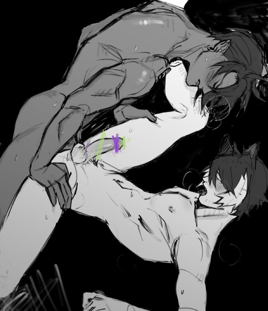 2boys aragami_oga black_and_white black_background black_hair blush breath_cloud censor_bar censored_penis gay gay_sex holostars holostars_gen_3 holostars_japan horns kageyama_shien mafia_(holostars) male male/male male_only male_penetrating male_penetrating_male penis sex sketch spread_legs sweat virtual_youtuber yaoi