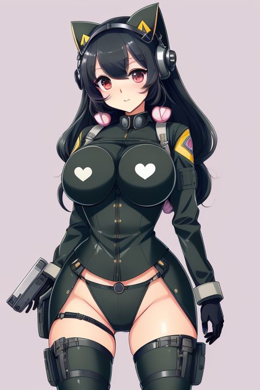 ai_generated android anime black_hair cat_ears clothed clothing cute cute_face heart military military_uniform red_eyes robot robot_girl roko_basilisk scp-9163 scp_foundation tags thick_thighs