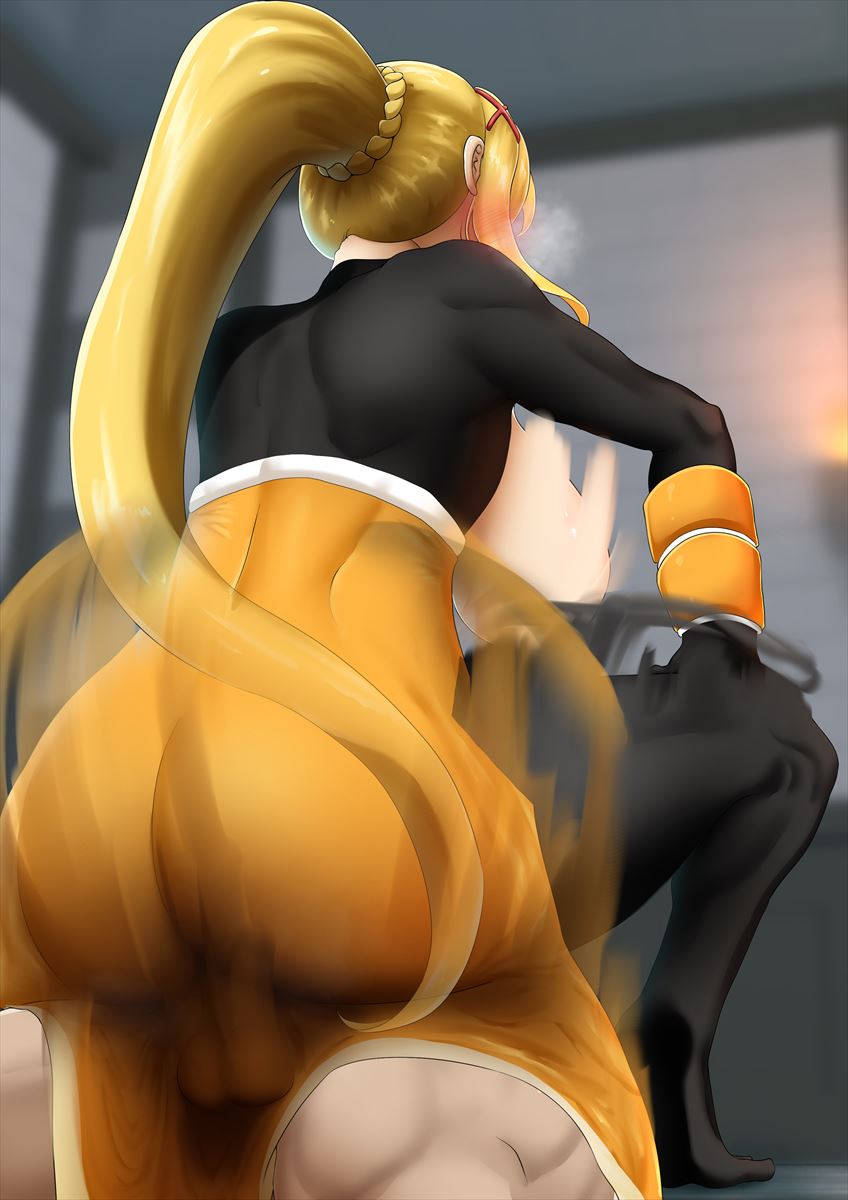 1boy 1girls afterimage ass big_ass big_breasts blonde_hair blush bodysuit bouncing_breasts breasts clothed_sex cowgirl_position darkness_(konosuba) heavy_breathing highres kono_subarashii_sekai_ni_shukufuku_wo! large_breasts long_hair motion_blur ponytail sidelocks sirosoil skin_tight steam straddling testicles thick_ass thick_thighs vaginal_penetration