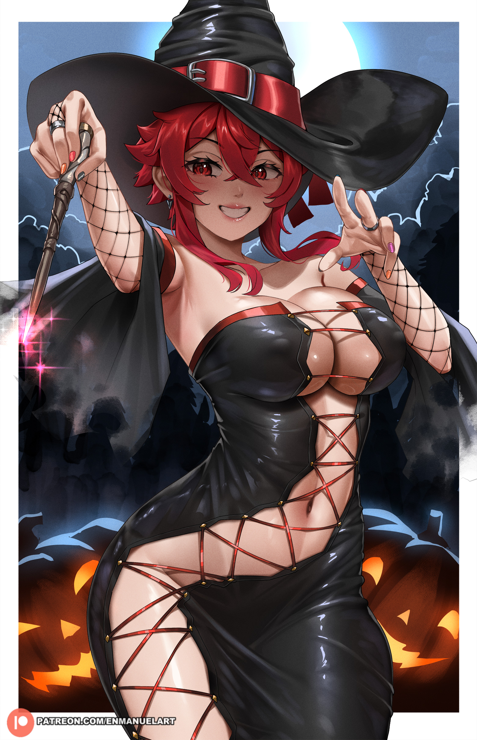 1girls, aizawa tomo, breasts, enmanuelart20, female, halloween, holidays, large breasts, light skin, light-skinned female, long hair, red eyes, red hair, revealing clothes, smile, solo, thick thighs, tomo-chan wa onna no ko, witch, witch costume, witch hat
