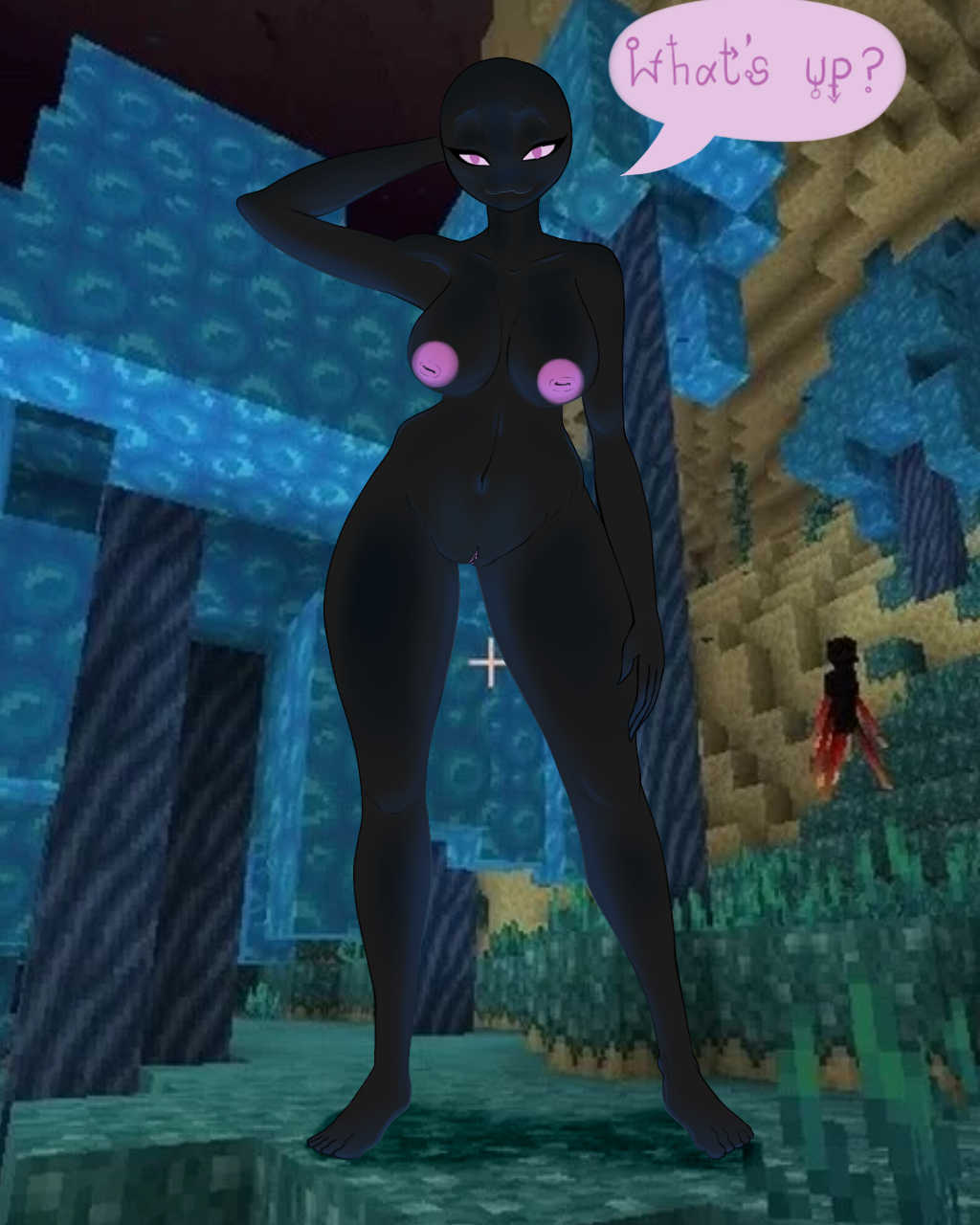 big_breasts black_body blackbetty breasts enderwoman female female_only genitals hi_res humanoid looking_at_viewer microsoft minecraft mojang nipples not_furry purple_eyes pussy smile solo tall_female text xbox_game_studios