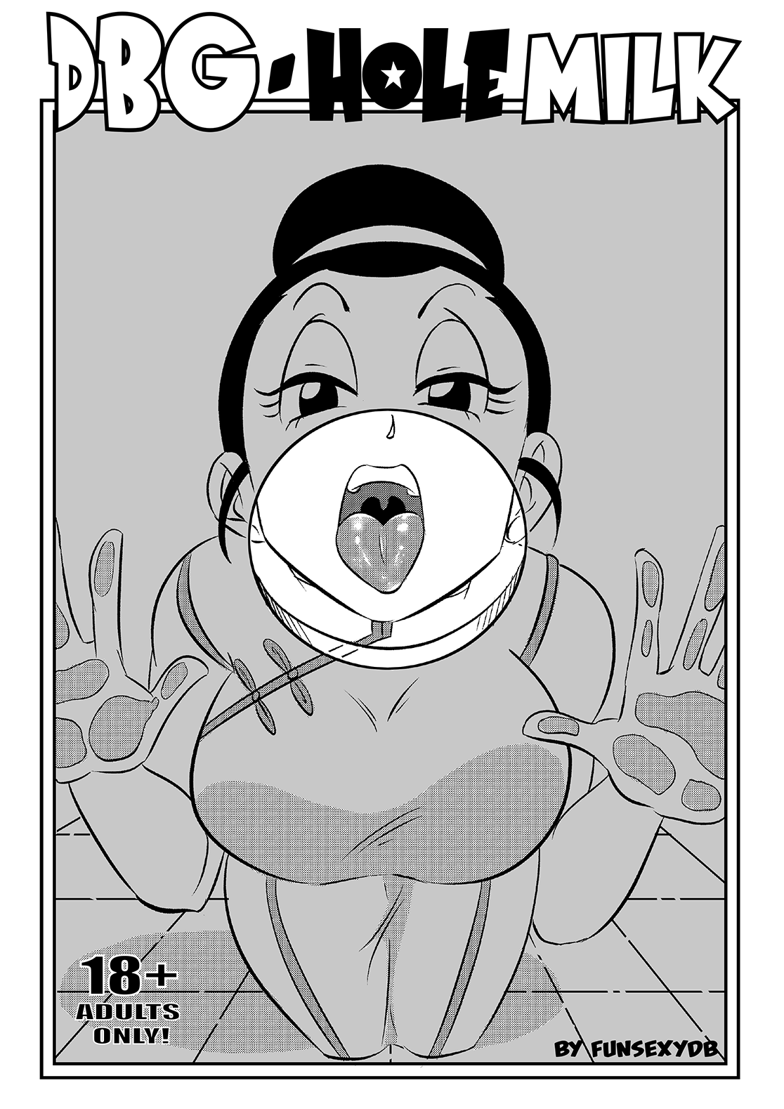 1girls, black and white, breasts, chichi, comic, comic cover, dragon ball, dragon ball super, dragon ball z, female, funsexydragonball, hands against wall, monochrome, open mouth, page 1, tongue, tongue out