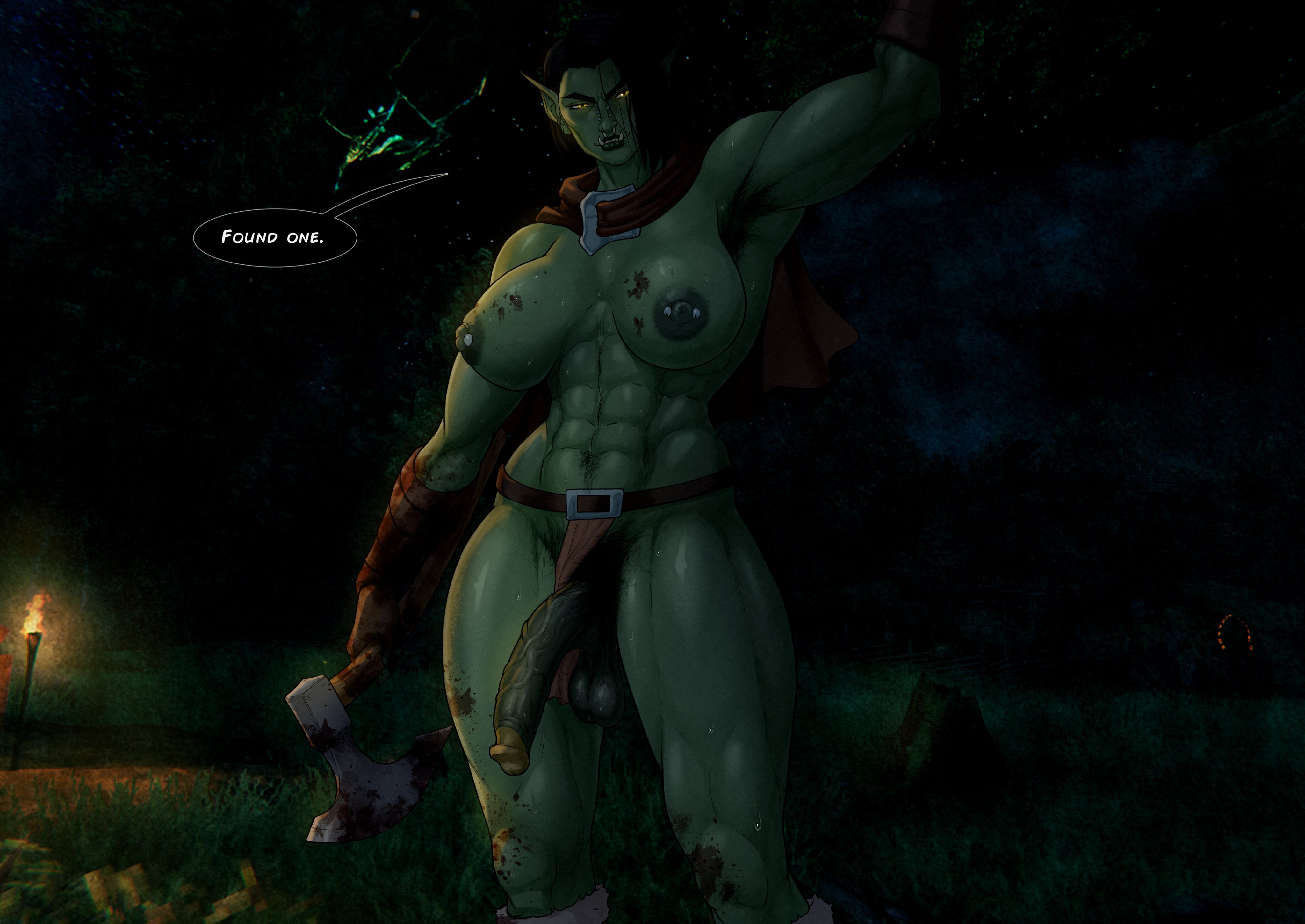 1futa, abs, areola, armpit hair, balls, big areola, big balls, big breasts, big nipples, big penis, blood, breasts, dangling balls, dangling testicles, dialogue, english text, futa only, futanara, futanari, green skin, half-erect, happy trail, hips, humanoid, humanoid penis, intersex, kokobiel, looking at viewer, muscle mommy, muscles, muscular, muscular futa, nipple piercing, nipples, nude, orc, orc futa, penis, perky breasts, piercing, piercings, pubic hair, puffy areola, solo, solo futa, source request, standing, testicles, text, thick thighs, thighs, veiny penis