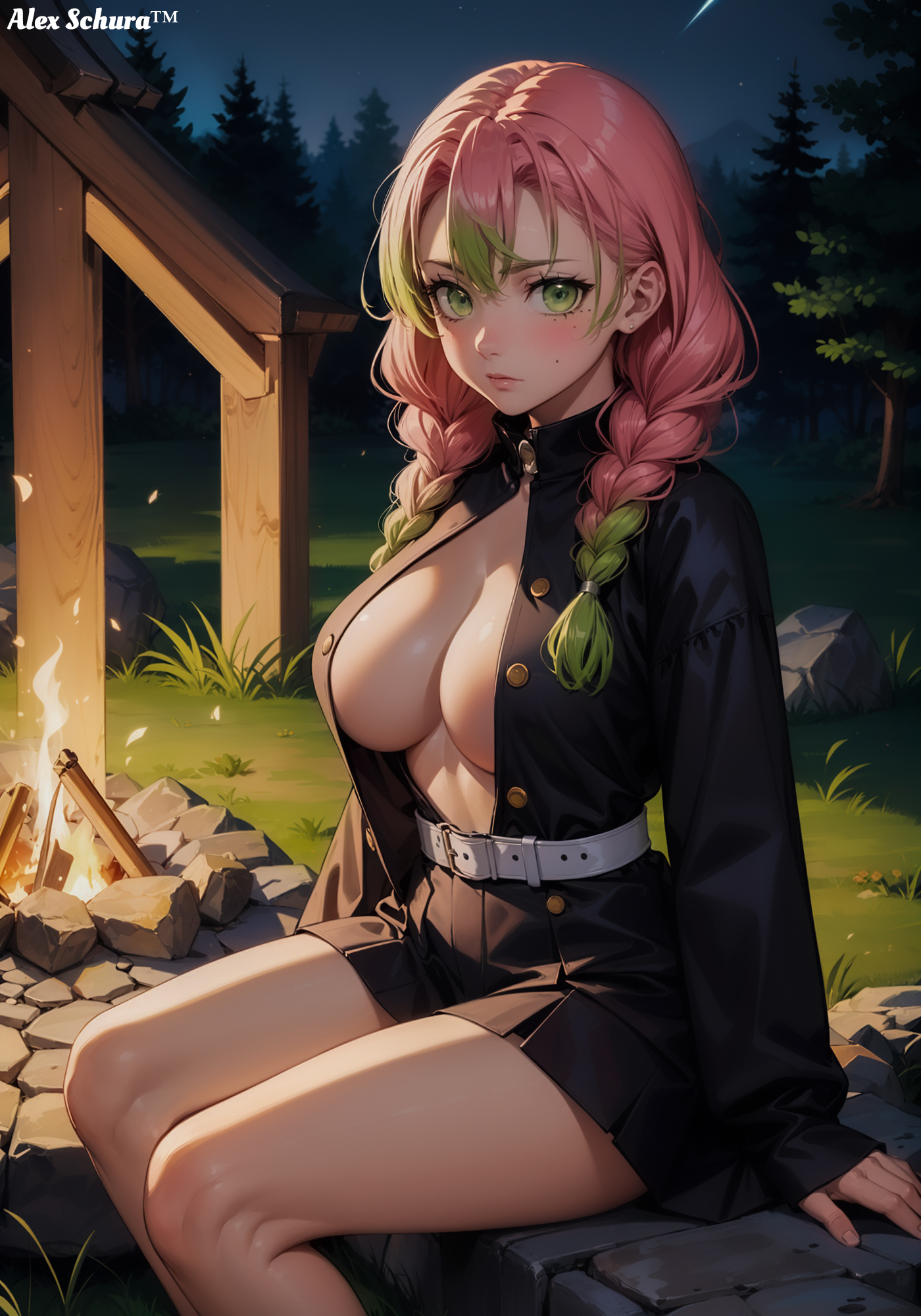 1girls, ai generated, alex-schura, big breasts, braid, braided hair, breasts, busty, cleavage, demon slayer, female, green eyes, green hair, kanroji mitsuri, kimetsu no yaiba, miniskirt, mole under eye, multicolored hair, pink hair, school uniform, skirt, thick thighs, thighs, thin waist, two-tone hair, uniform, voluptuous, wide hips