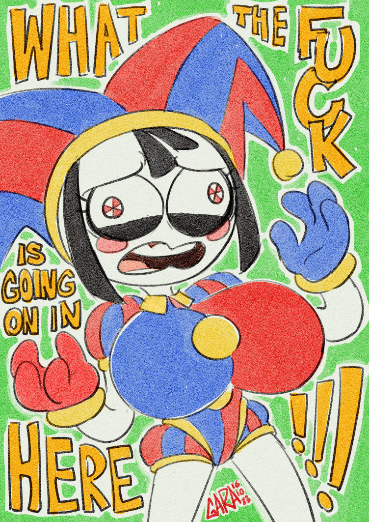 2023, 2d, 2d (artwork), 2d artwork, big breasts, breasts, brown hair, confused, confused look, confusion, female, garabatoz, glitch productions, gloves, gooseworx, jester, jester costume, jester hat, jester outfit, pomni, pomni (the amazing digital circus), short hair, smaller female, tagme, the amazing digital circus, white body