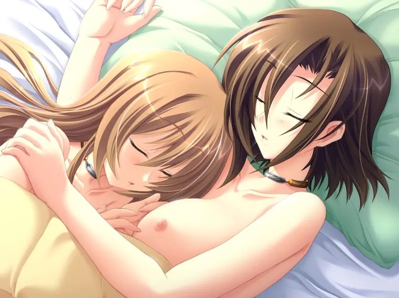 2girls after_sex bed between_breasts blush breasts brown_hair choker closed_eyes cuddling dutch_angle game_cg hinata_mutsuki hug kagami_yuuki long_hair lying medium_breasts multiple_girls nipples non-web_source on_back on_side onetama open_mouth pillow purple_eyes short_hair sleeping takami_haruka topless yuri