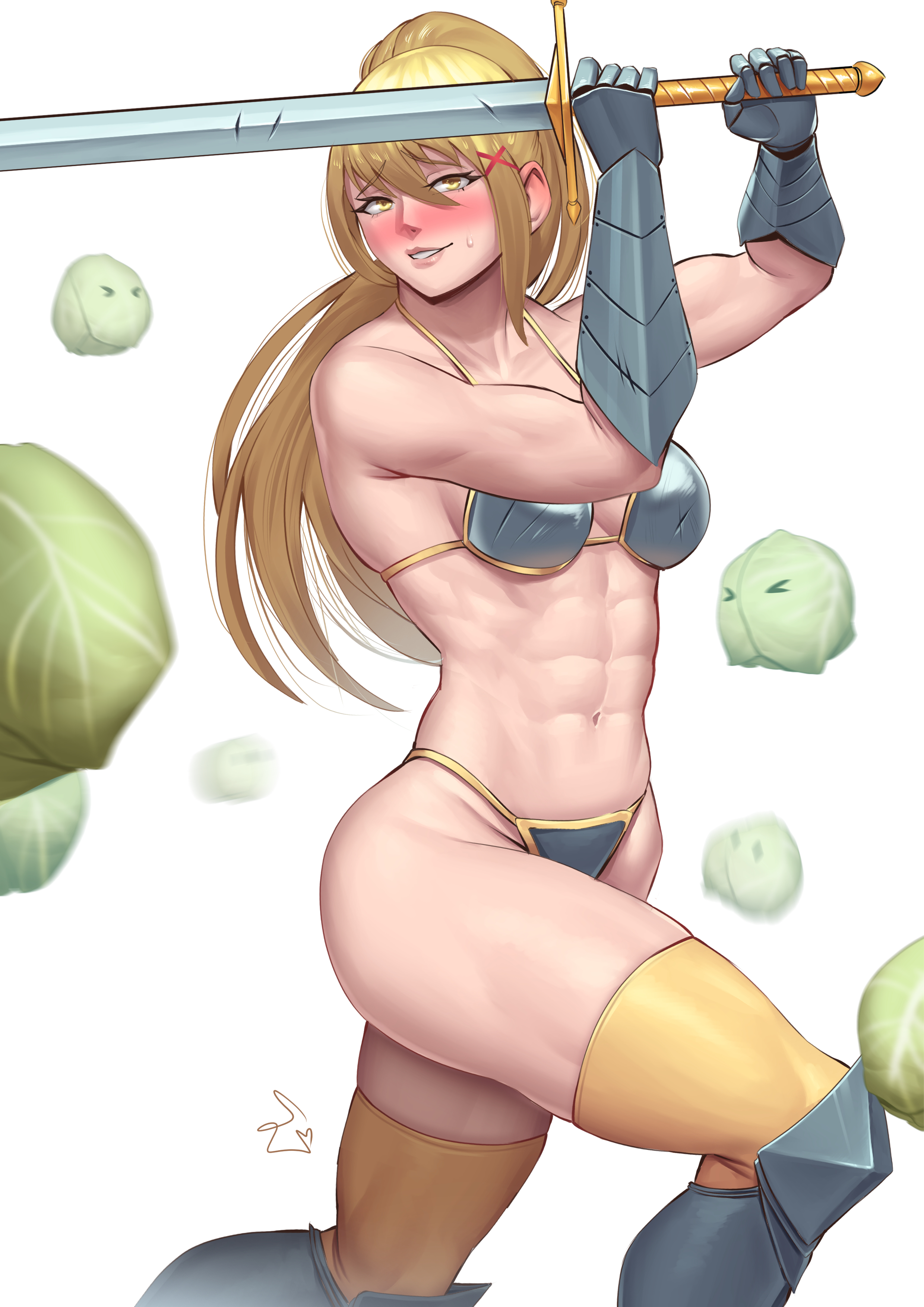 1girls, 2022, abs, absurd res, bikini armor, blonde hair, blush, breasts, darkness (konosuba), female, hi res, kono subarashii sekai ni shukufuku wo!, matching hair/eyes, medium breasts, navel, ponytail, signature, simple background, speedl00ver, sweat, toned, white background, yellow eyes