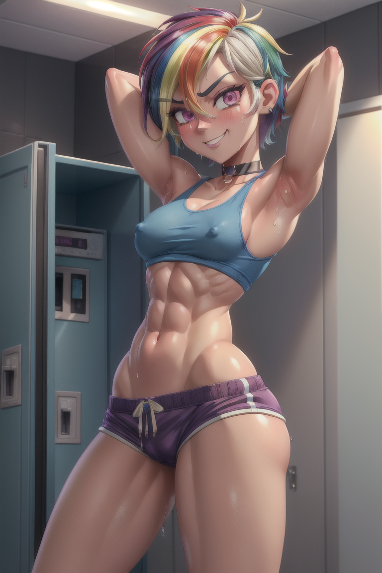 abs ai_generated armpits arms_up belt bookoflustfan cameltoe equestria_girls feathered_wings female friendship_is_magic gym_uniform human locker_room micro_shorts microshorts midriff my_little_pony nipples_visible_through_clothing purple_shorts rainbow_dash_(mlp) rainbow_hair solo sports_bra sportswear sweat toned_female