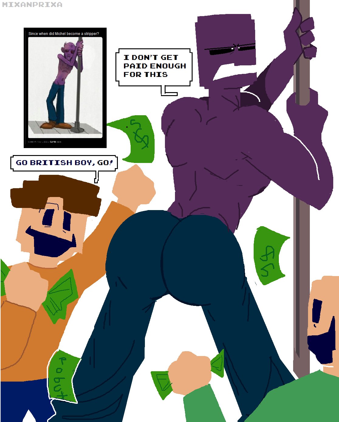 3boys ass big_ass big_butt brown_hair butt clothing depixelization fat_ass fat_butt five_nights_at_freddy's fnaf gay huge_ass huge_butt humiliated humiliating humiliation looking_at_another male male_only male_stripper meme michael_afton mixanprixa money partially_clothed purple_body purple_skin reluctant roblox robux stripper stripper_pole stripping text text_bubble thick_ass thick_butt topless