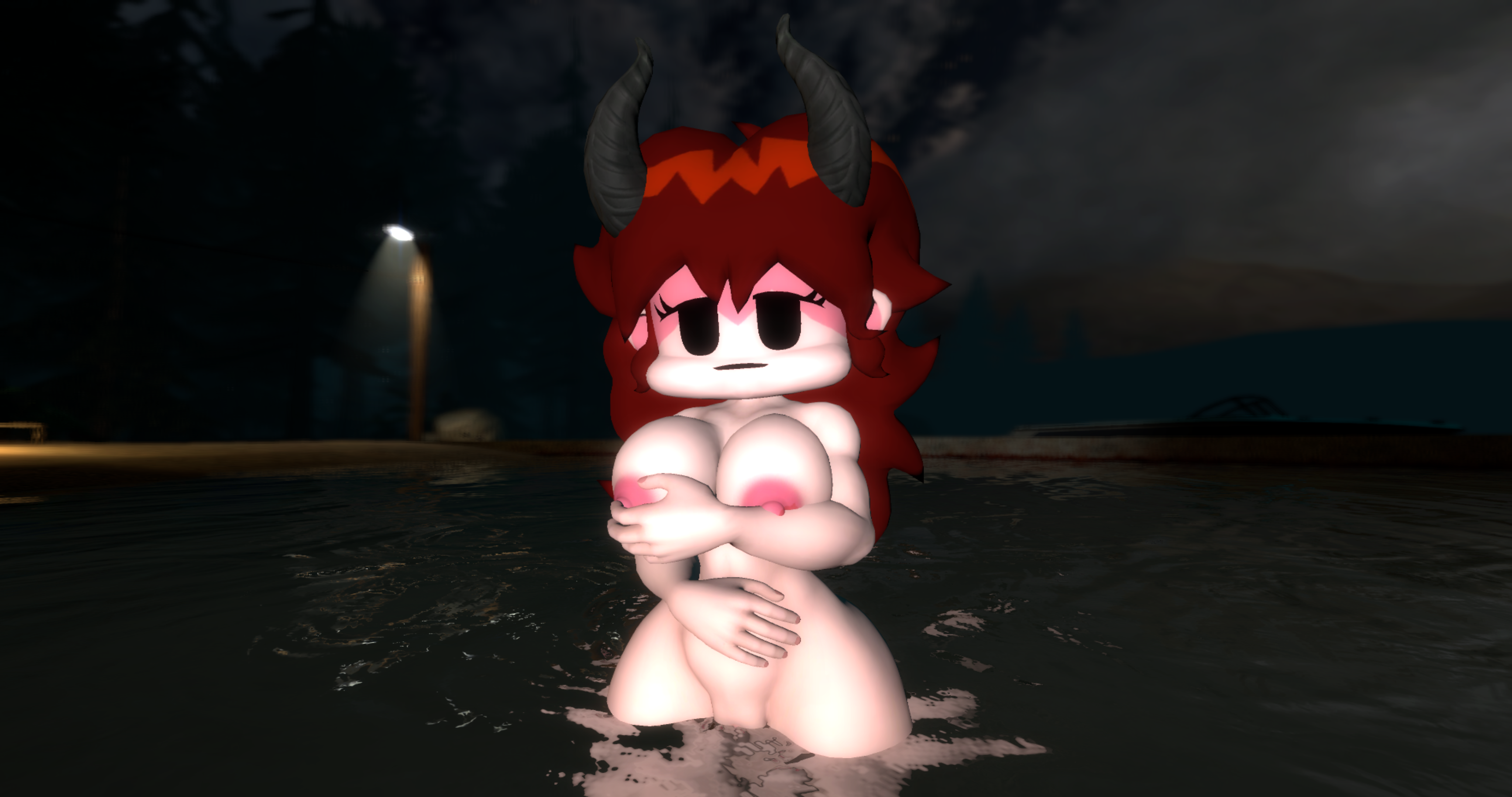 13th friday night: funk blood, 1girls, 3d, 3d (artwork), areolae, big breasts, breasts, completely nude, covering, covering breasts, female, female only, friday night funkin, friday the 13th, garry's mod, girlfriend (friday night funkin), horns, kabalmystic (style), long hair, naked, naked female, nipples, nude, nude female, partially submerged, pussy, pussy peek, skinny dipping, skinnydip girlfriend, solo, solo female, thhypercombine12, water