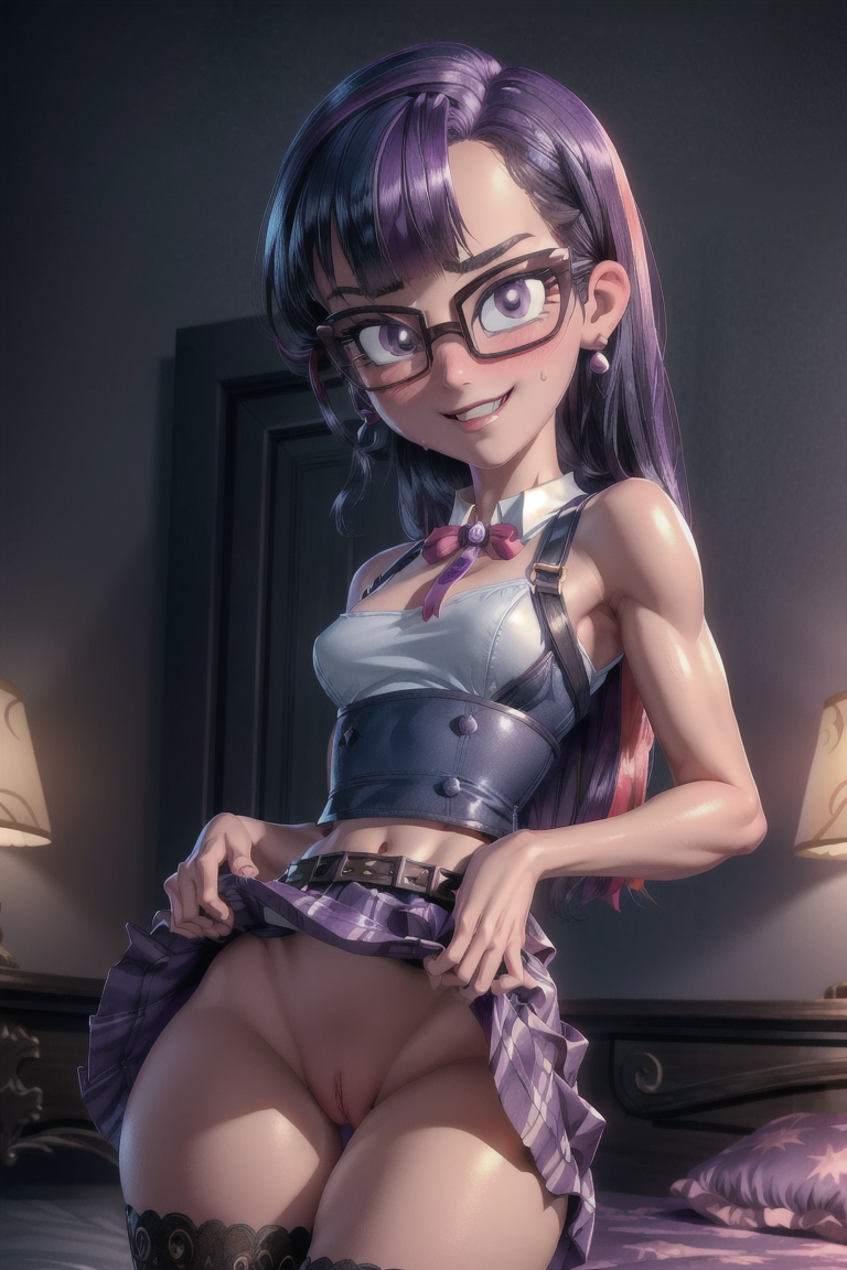 1girls, ai generated, bookoflustfan, breasts, embarrassed, equestria girls, exhibitionism, female, female only, flashing pussy, friendship is magic, human, lifting skirt, my little pony, pussy, sci-twi, skirt lift, solo, twilight sparkle (mlp), vagina