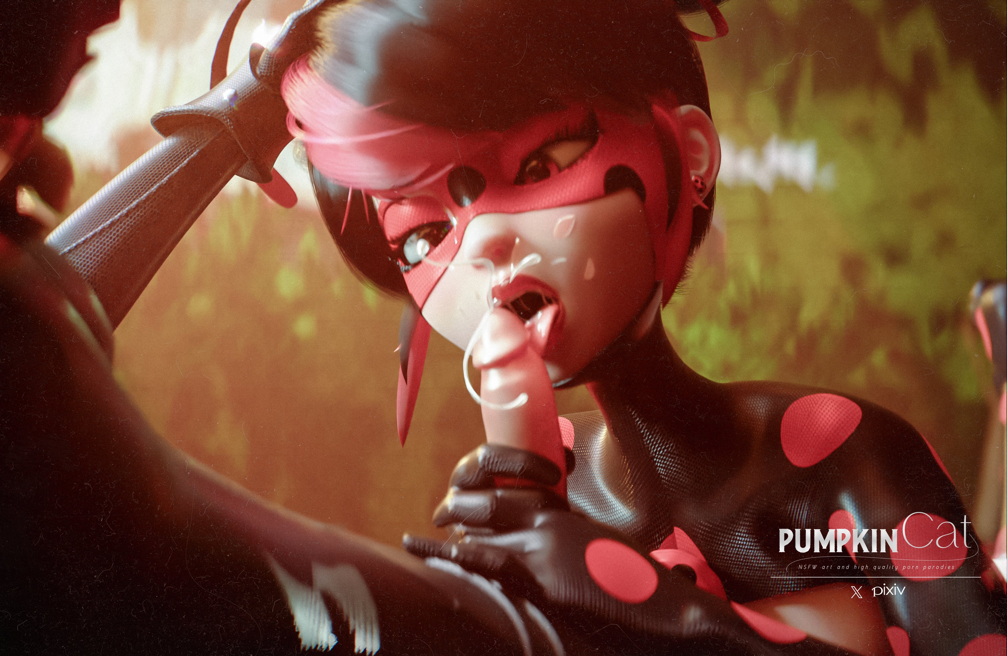 1girls, 3d, 3d (artwork), adrien agreste, artist name, bodysuit, cat noir, cum, cum on face, cumshot, eye mask, female, female focus, female humiliation, high resolution, ladybug (character), male, male/female, marinette dupain-cheng, miraculous ladybug, miraculous ladybug paris, miraculous: tales of ladybug and cat noir, multicolored hair, open mouth, oral, partial male, penis, pumpkincat, re-verse marinette, red eyes, saliva, semen, shadybug (character), straight, tagme, uncensored, unseen male face