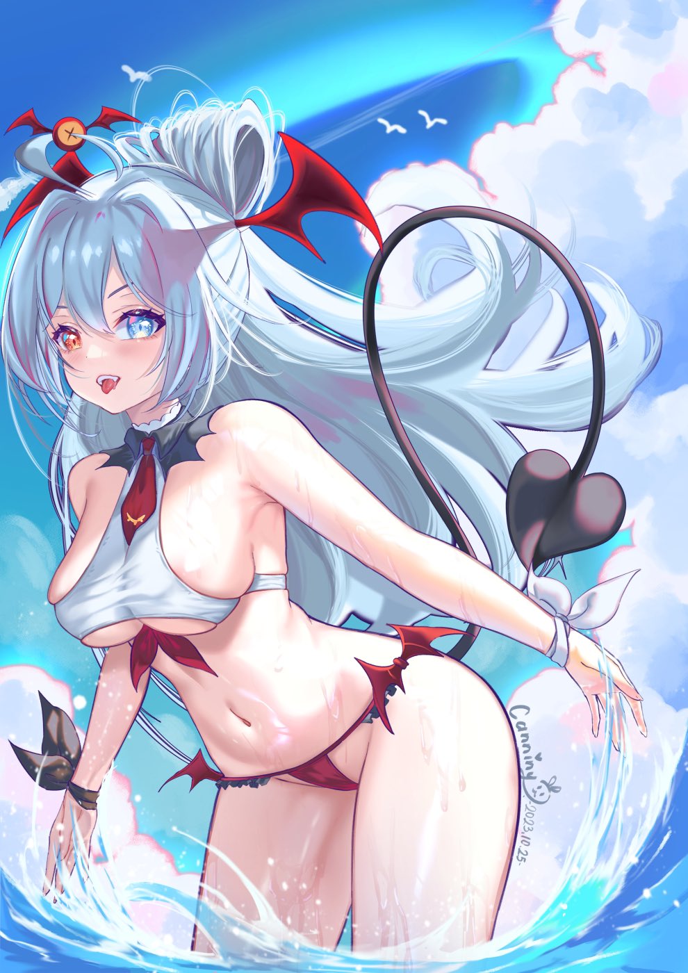 bikini bikini_bottom bikini_top canniny demon geega heart-shaped_tail heterochromia silver_hair virtual_youtuber vshojo