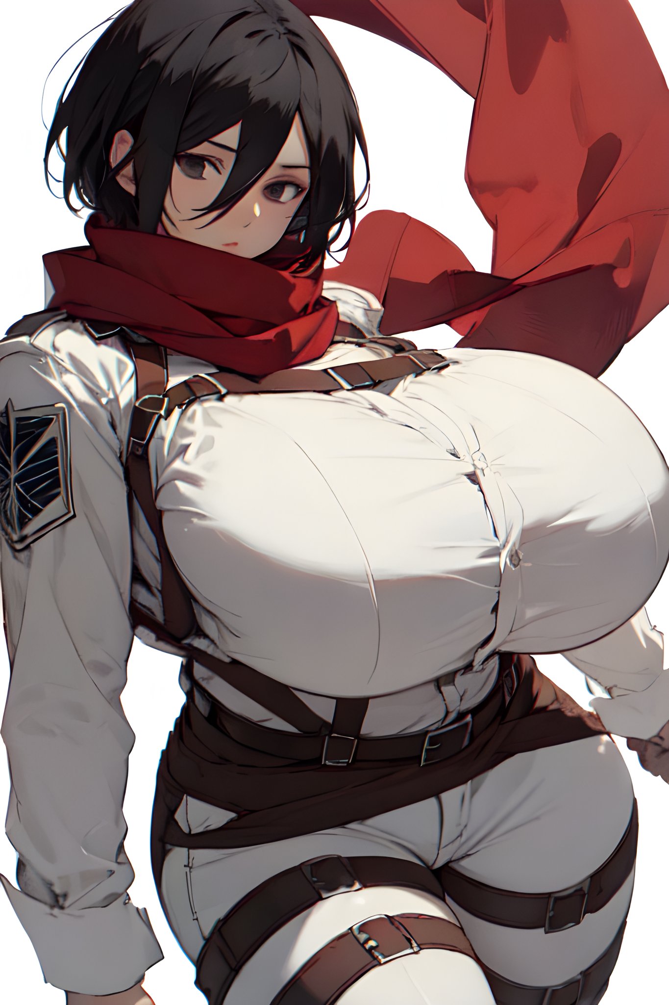 ai_generated attack_on_titan female_only hyper_breasts mikasa_ackerman red_scarf rin8608 scout_uniform shingeki_no_kyojin short_hair thick_thighs thunder_thighs venus_body