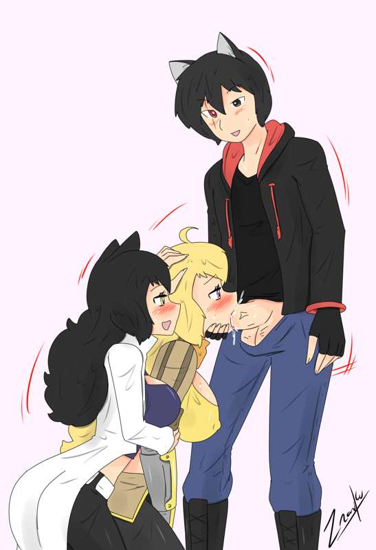 1boy 2girls black_eye black_hair blake_belladonna blonde_female blowjob blush breasts cat_ears cat_girl catboy clothed_female_clothed_male jin_satou original_character red_eye robotic_arm rwby yang_xiao_long zronku