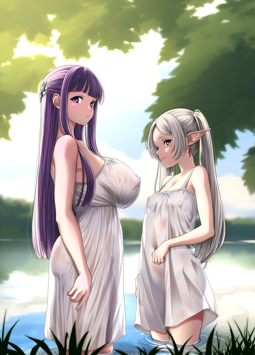2girls, alternate version available, big breasts, breasts, clothing, dress, female, female only, fern (sousou no frieren), frieren, green eyes, huge breasts, large breasts, long hair, looking at viewer, multiple females, multiple girls, osuzu akiomi, pointy ears, purple eyes, purple hair, sideboob, small breasts, sousou no frieren, twintails, water, wet, wet dress, white dress
