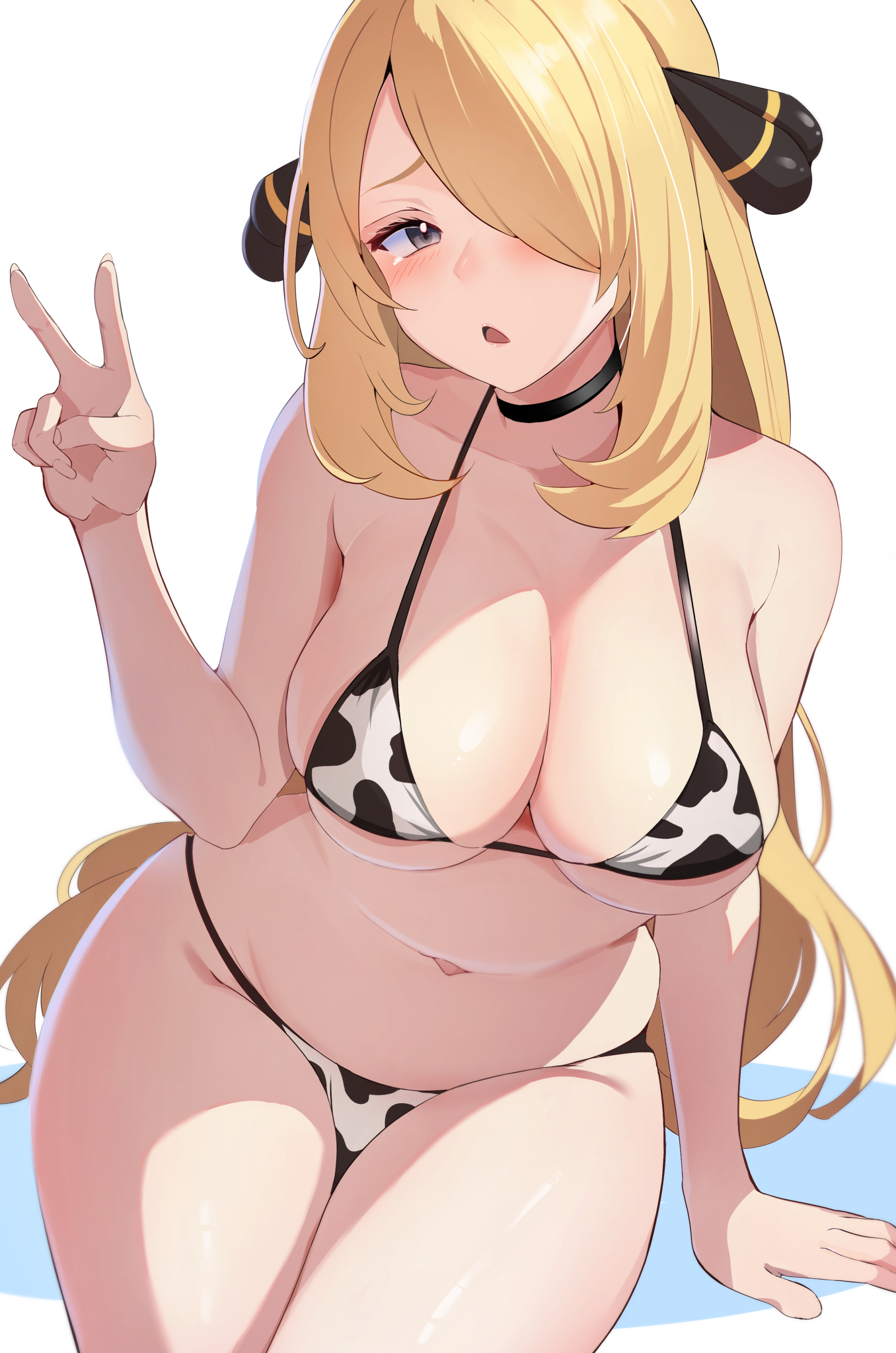 1girls, 2023, bikini, blonde hair, blush, breasts, cleavage, cow bikini, cow print, cynthia (pokemon), female, female only, grey eyes, hair ornament, hair over one eye, hego 0102, highres, large breasts, long hair, nintendo, open mouth, peace sign, plain background, pokemon, pokemon dppt, solo, v, very long hair, white background