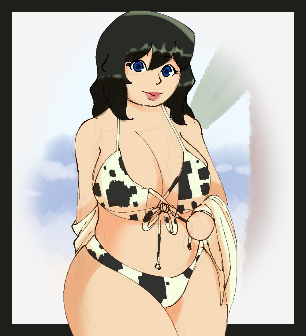 bbw beach black_hair blue_eyes chubby_female cow_bikini ekubutt female_only mii mob_face oc puddinpuddgi pudgi420 pudgy_belly thick_thighs