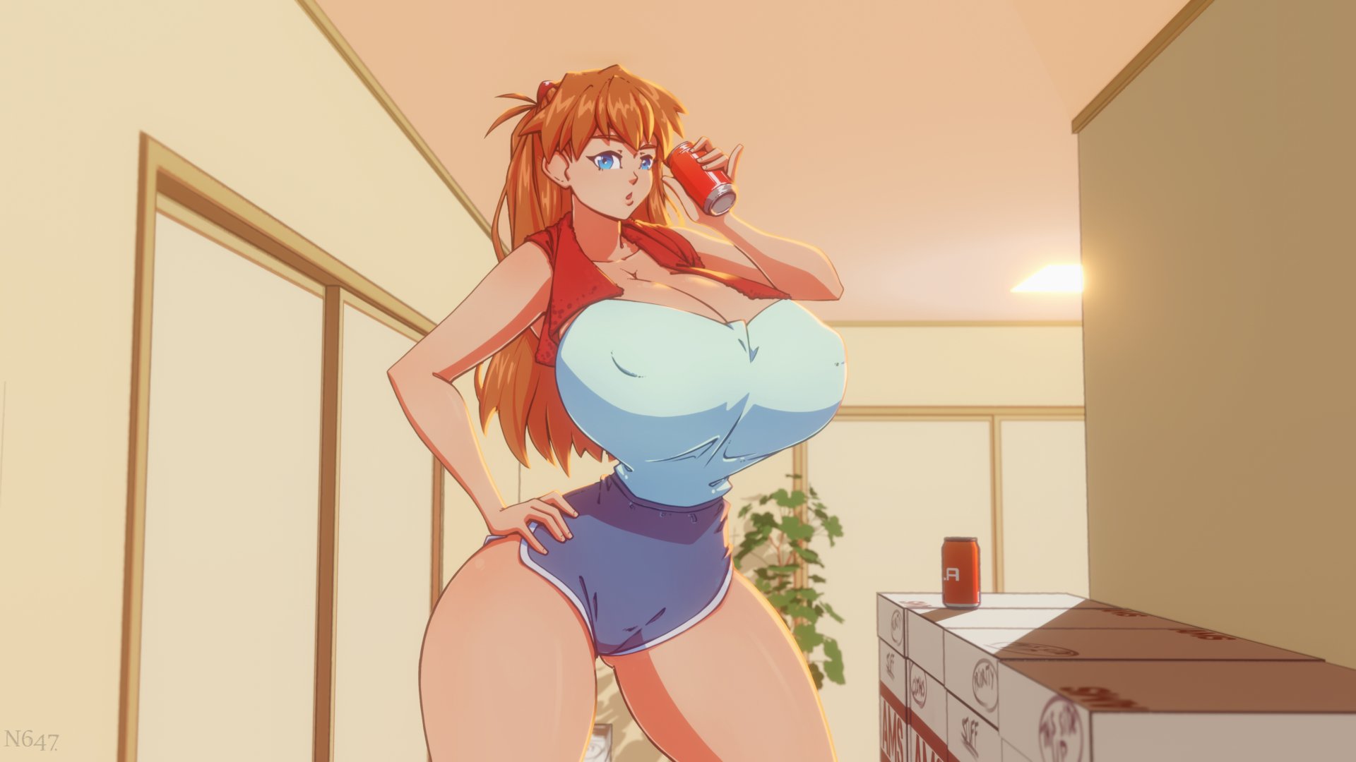 asuka langley sohryu, big breasts, blue eyes, breasts, female, ginormous breasts, hi res, huge breasts, n647, neon genesis evangelion, red hair, soda, soda can, thick thighs, towel, wide hips