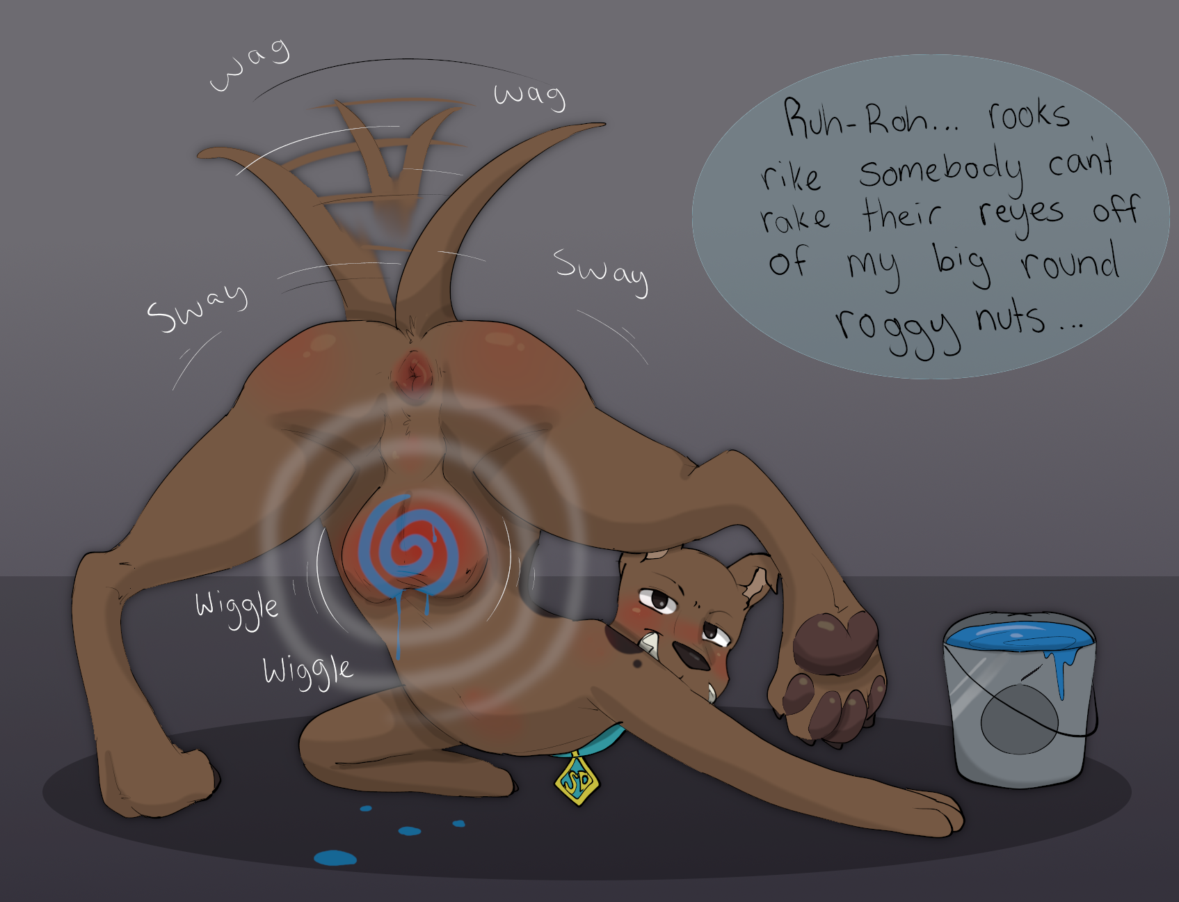 1boy, 2023, anus, balls, bodypaint, brown body, brown fur, canid, canine, canis, collar, collar only, commission, dialogue, digital media (artwork), domestic dog, dominant, dominant male, english text, feral, fur, genitals, great dane, hanna-barbera, hi res, hypnosis, hypnotic balls, hypnotizing viewer, male, mammal, markings, mastiff, mind control, molosser, mortimer todd, name tag, nude, paint, pawpads, paws, presenting balls, scooby-doo, scooby-doo (character), simple background, solo, speech bubble, spiral, tail, tail motion, tailwag, teasing, teasing viewer, text, uncensored, wiggle