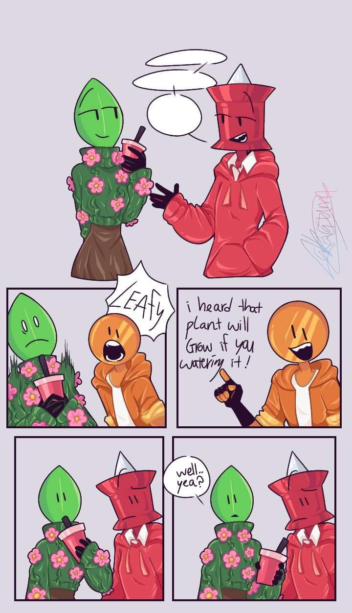 battle_for_dream_island coinleaf coinpin coinpinleaf coiny comic comic_panel confused drinking humanoid kmitsumi leaf leafpin leafy_(bfdi) not_my_art object_shows pin pin_(bfdi) pin_(disambiguation) plant plant_fact red_cup spooked stating_a_fact