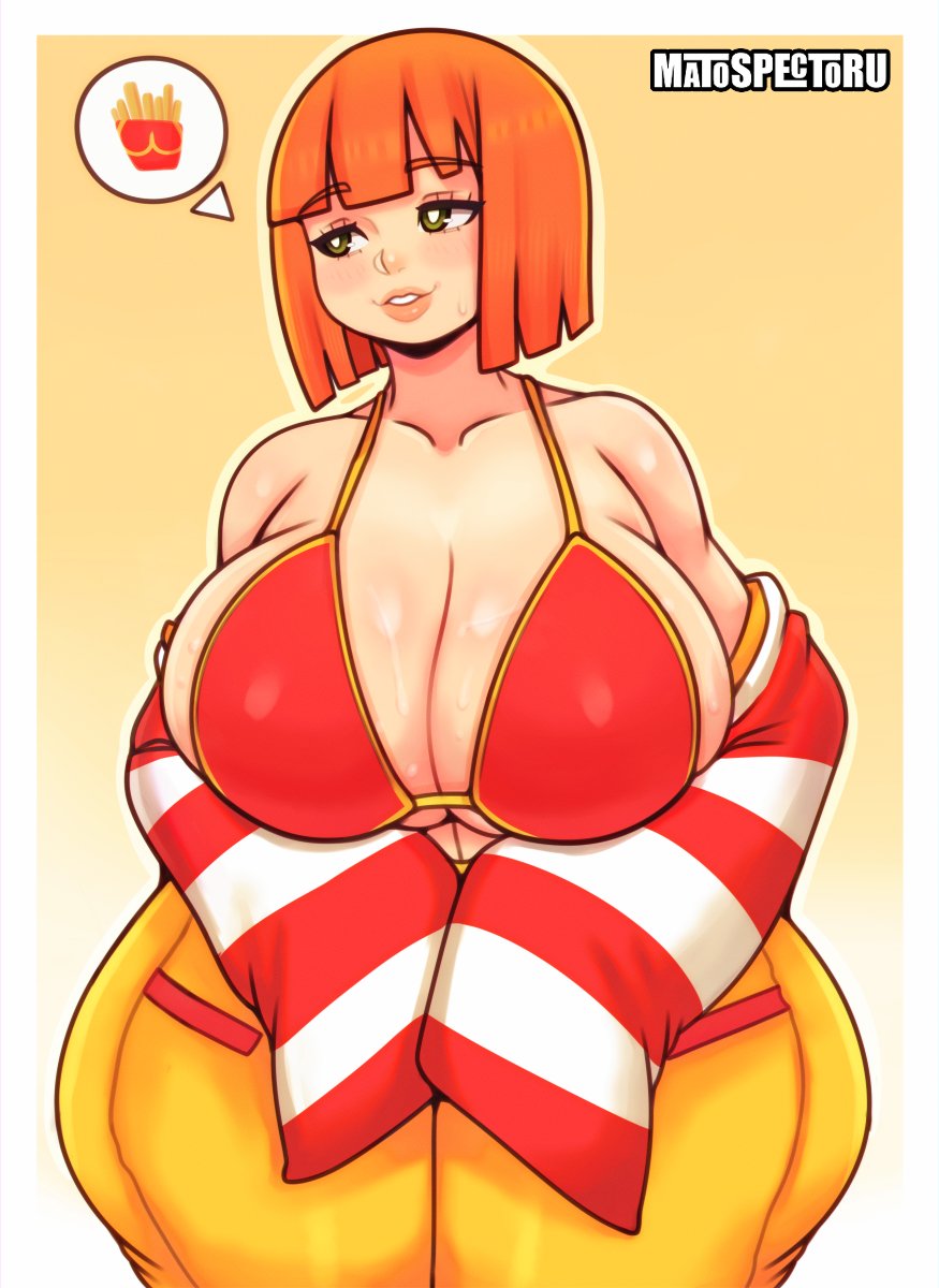 1girls, 2023, 2d, alternate breast size, big breasts, breasts, cleavage, clothed, clothing, color, eyebrows visible through hair, fast food, female, female only, french fries, fries, large breasts, light skin, light-skinned female, long sleeves, looking away, matospectoru, mcdonald's, medium hair, mom (japanese mcdonald's commercial), orange hair, sleeves past wrists, solo, sweat, sweaty breasts, venus body, wide hips, yoru mac