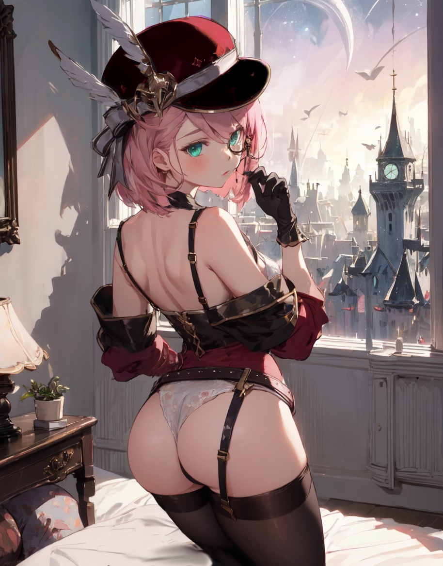 ai generated, ass, bare shoulders, bed, blush, bra, breasts, charlotte (genshin impact), city, clocktower, female, from behind, garter belt, genshin impact, gloves, green eyes, hat, hat ornament, kneeling, looking at viewer, looking back, medium breasts, monocle, pink hair, shiny, shiny hair, shiny skin, short hair, sideboob, solo, thighhighs, thong