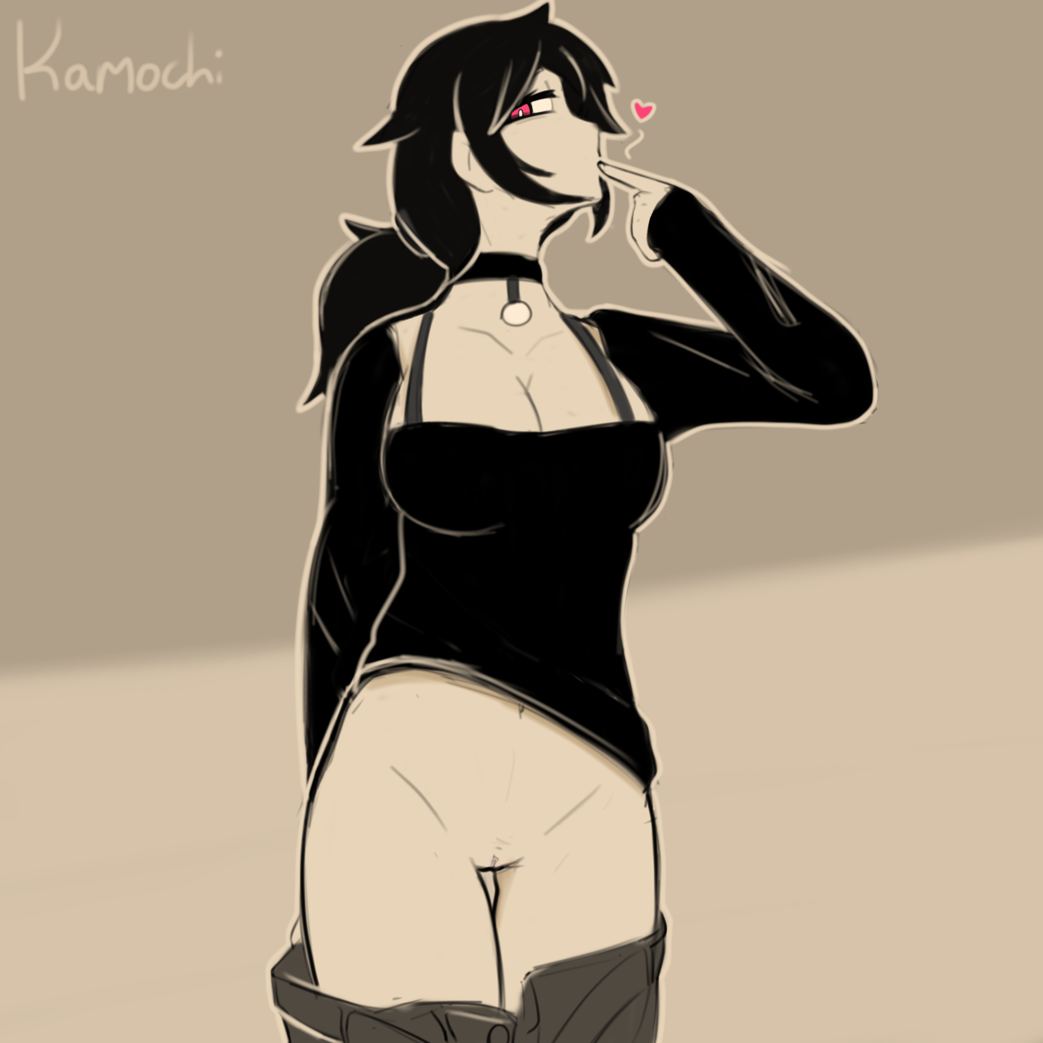 1girls, ashley graves, black hair, choker, cleavage, female, heart, kamochi, pink eyes, ponytail, shorts, the coffin of andy and leyley