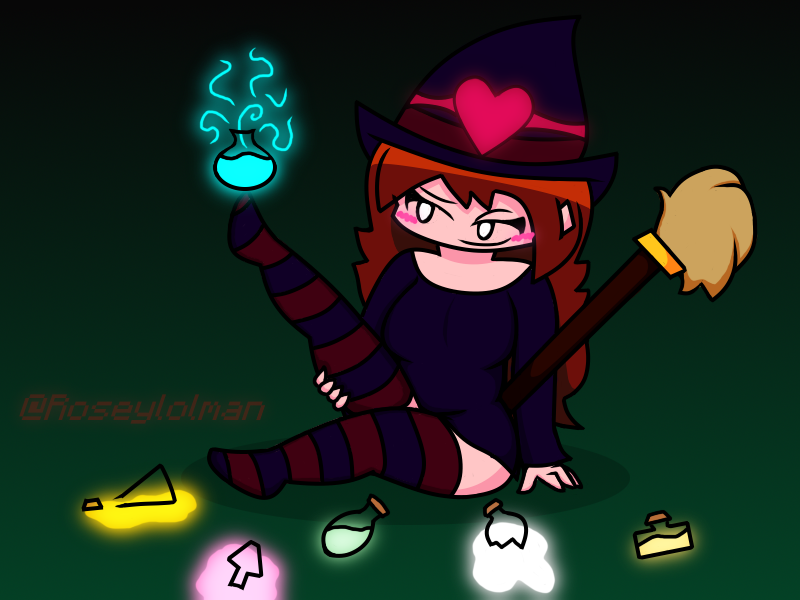 blush broomstick female_only friday_night_funkin girlfriend_(friday_night_funkin) halloween halloween_costume potion potion_bottle roseylolman thighhighs very_long_hair watermark witch witch_hat