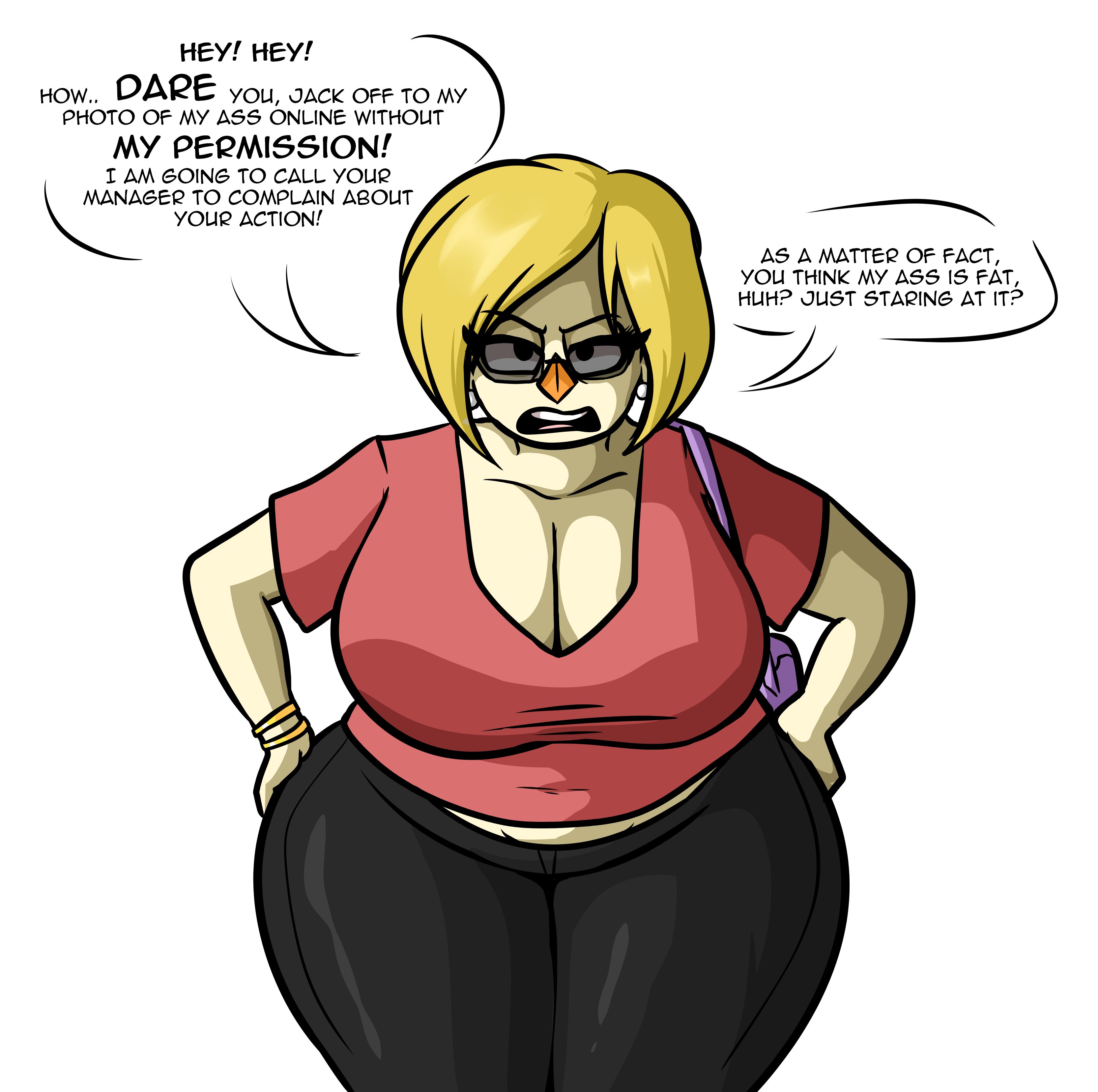 angry, angry face, annoyed, annoyed expression, blonde hair, breasts, caught staring, clothed, english text, female, karen, large breasts, light skin, max1mus, original character, talking to viewer, text, thick thighs, wide hips