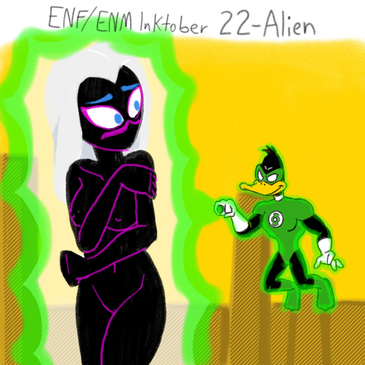 1boy 1girls alien alien_girl anthro avian breasts clothed_male_nude_female daffy_duck dc duck_dodgers embarrassed_nude_female enf green_lantern green_lantern_(cosplay) inktober inktober_2021 long_hair nairod103098 navel nipples nude nude_female queen_tyr'ahnee warner_brothers