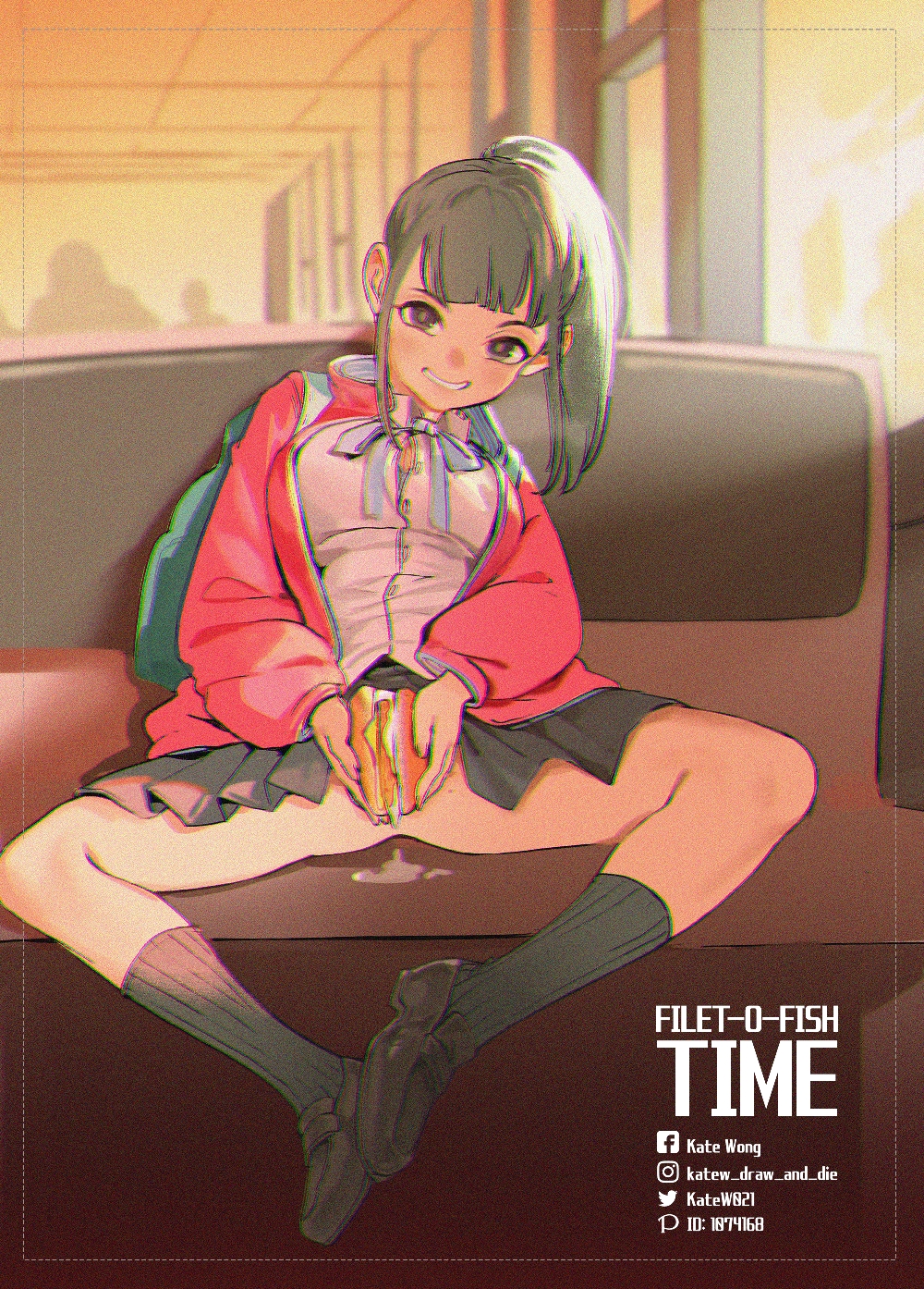 1girls big_breasts black_eyes black_hair boob_burger breasts burger female female_focus female_only girlfriend_(japanese_mcdonald's_commercial) kate_wong legs_apart legs_spread mcdonald's no_panties ponytail pussy_burger school_uniform smiling solo solo_female solo_focus thick_thighs thighs yoru_mac your_order_is_ready_(meme)