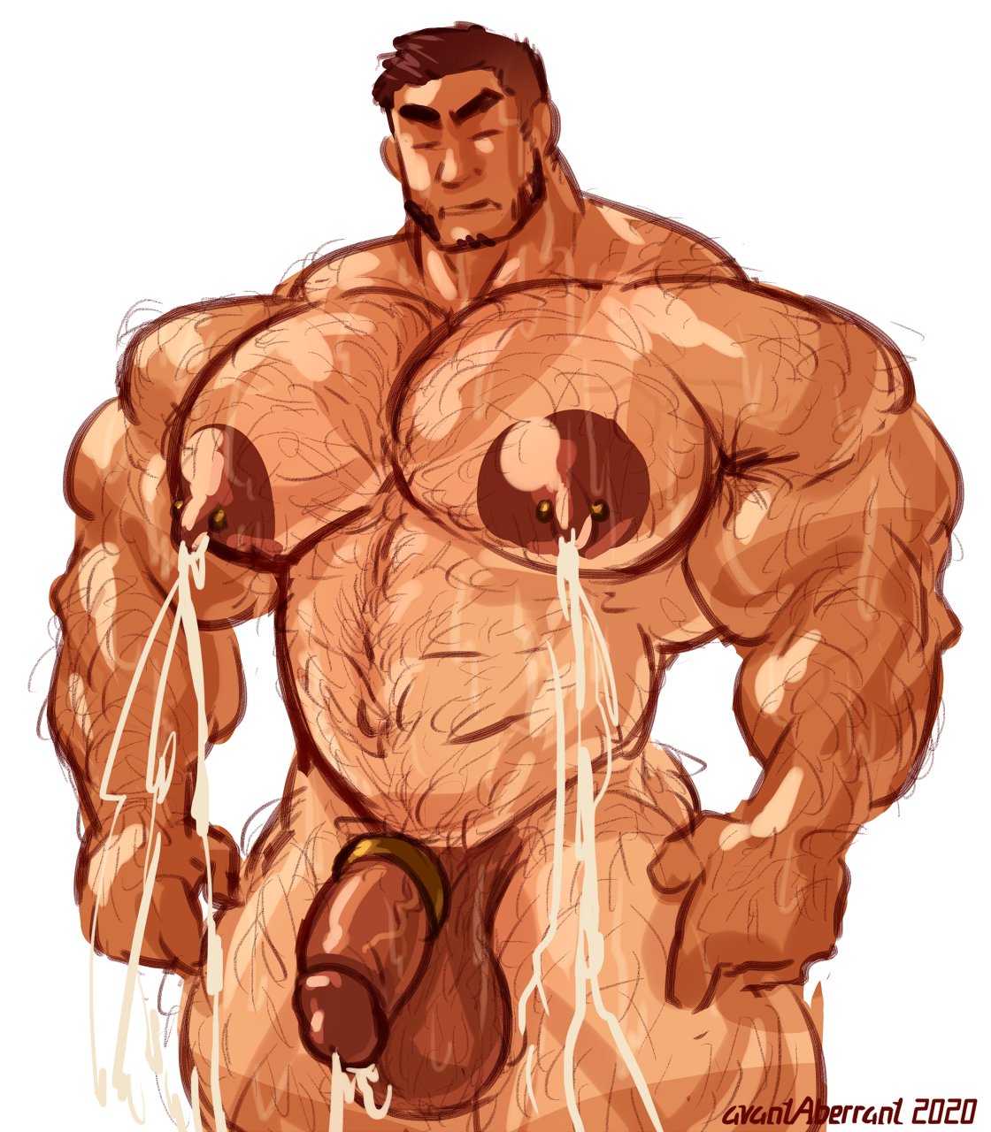 avantaberrant balls bara big_balls big_penis body_hair closed_eyes cock_ring facial_hair flaccid human human_only lactation male male_lactation male_only muscles muscular nude penis solo solo_male sweat sweating