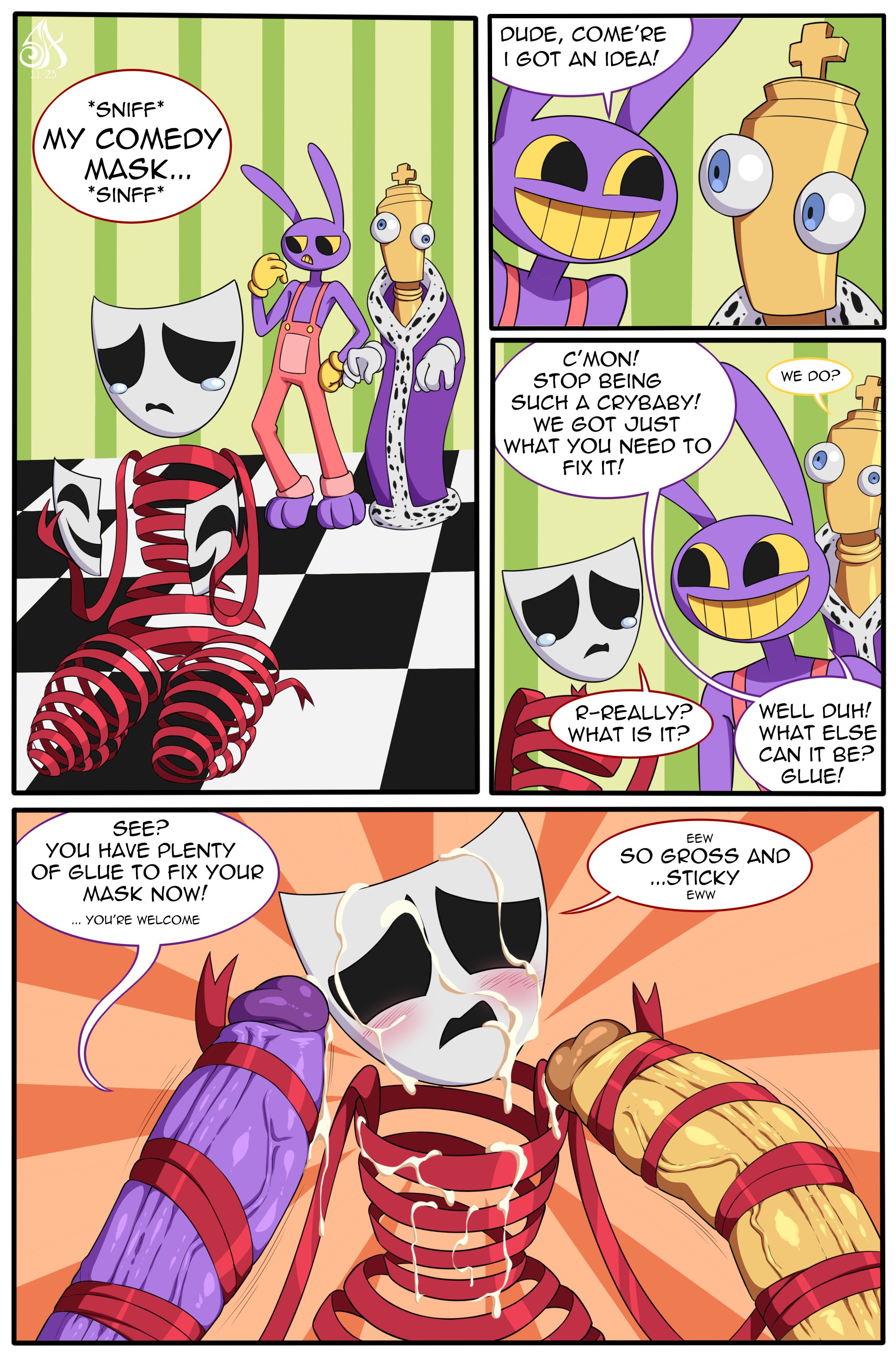 1girls, 2023, 2boys, 2d, 2d (artwork), 2d artwork, ambiguous gender, anthro, big penis, blush, brown hair, bunny, bunny ears, chess piece, dialogue, dialogue box, english text, female, gangle (the amazing digital circus), glitch productions, gloves, gooseworx, handjob, jax (the amazing digital circus), jester, jester costume, jester hat, jester outfit, kinger (the amazing digital circus), male, mask, masked female, multiple penises, penis, purple body, purple clothing, red ribbon, ribbons, short hair, smile, souladdicted, speech bubble, tagme, the amazing digital circus, veiny penis, very high resolution, white body, yellow eyes, yellow mouth